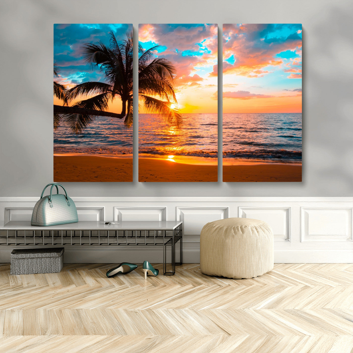 34674-MGV-CV-48X32-3P-Palm Tree Sunset On The Beach Wall Art Canvas, Framed Palm Tree Sunset Canvas Print