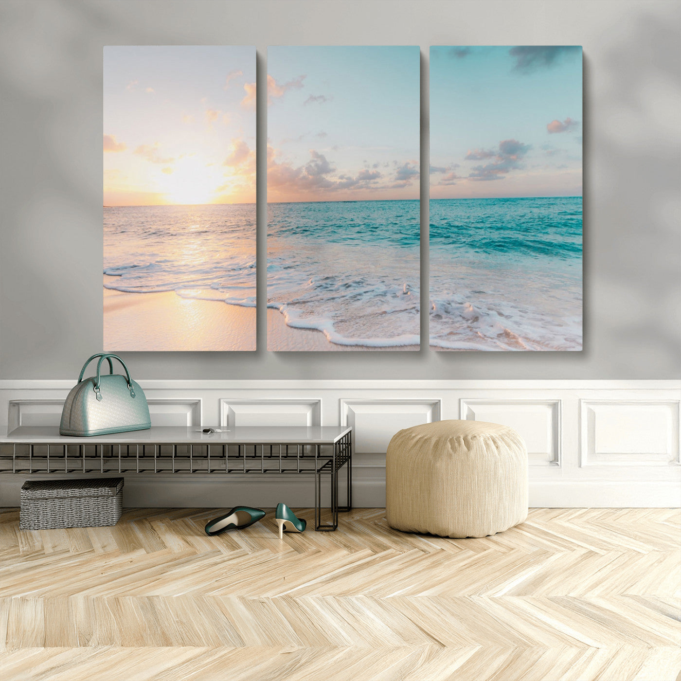 MGV-CV-48X32-3P - Tranquil Ocean Beach Sunset Canvas Wall Art | 3-Panel Coastal Decor