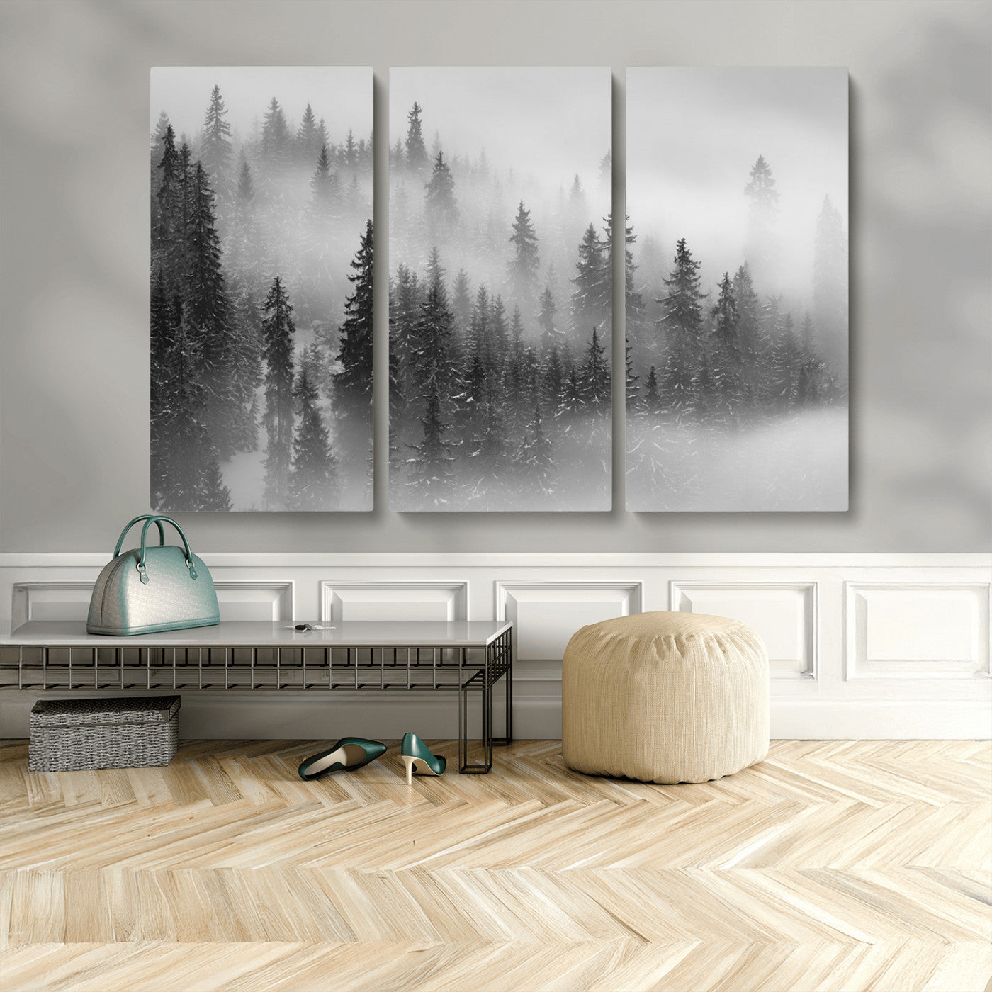 MGV-CV-48X32-3P - Black and White Forest Wall Art Print – Misty Pine Tree Canvas Print – Winter Woodland Nature Artwork – Perfect for Minimalist Home Decor