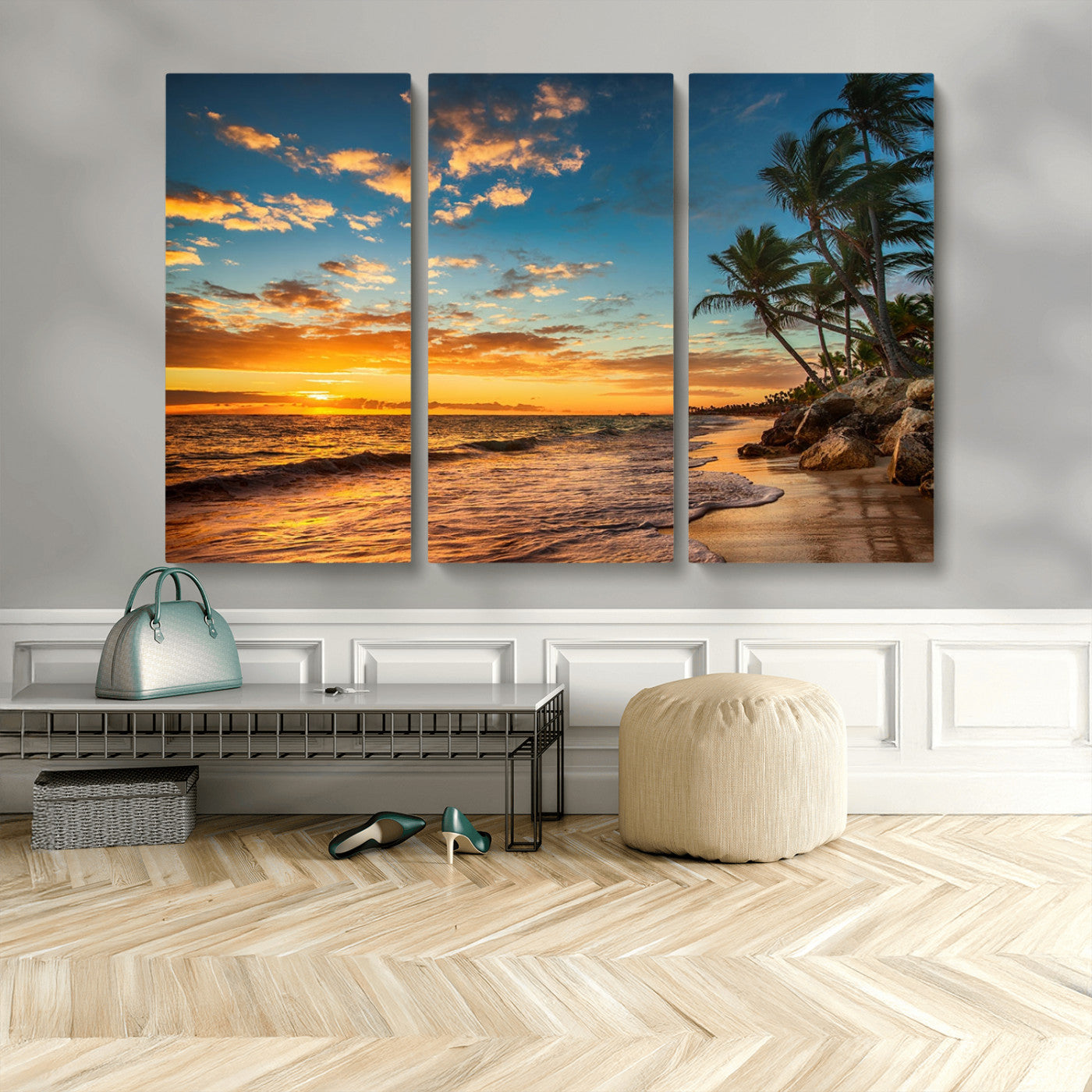 MGV-CV-48X32-3P - Tropical Beach Sunset Wall Art Print – Palm Tree Coastal Canvas Print – Ocean Seascape Artwork – Perfect for Tropical Modern Home Decor
