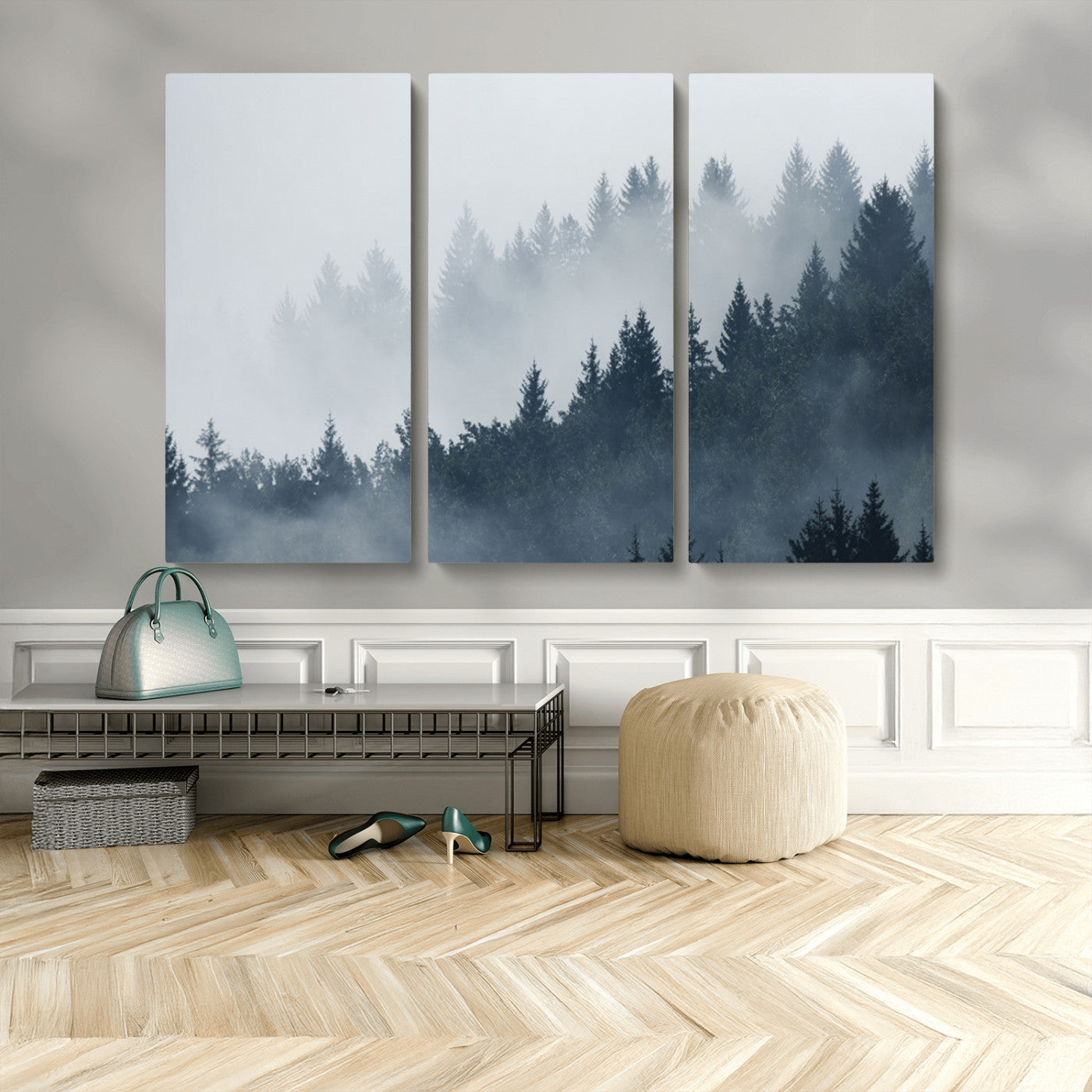 MGV-CV-48X32-3P - Misty Forest Wall Art Print – Foggy Pine Tree Canvas Print – Dark Woodland Nature Artwork – Perfect for Minimalist and Modern Home Decor