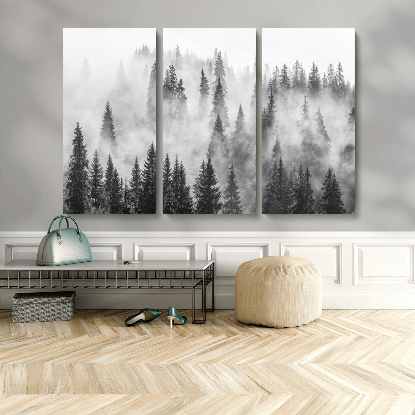 MGV-CV-48X32-3P - Forest Wall Art Print | Foggy Pine Forest Canvas Wall Art - Black and White Nature Decor for Living