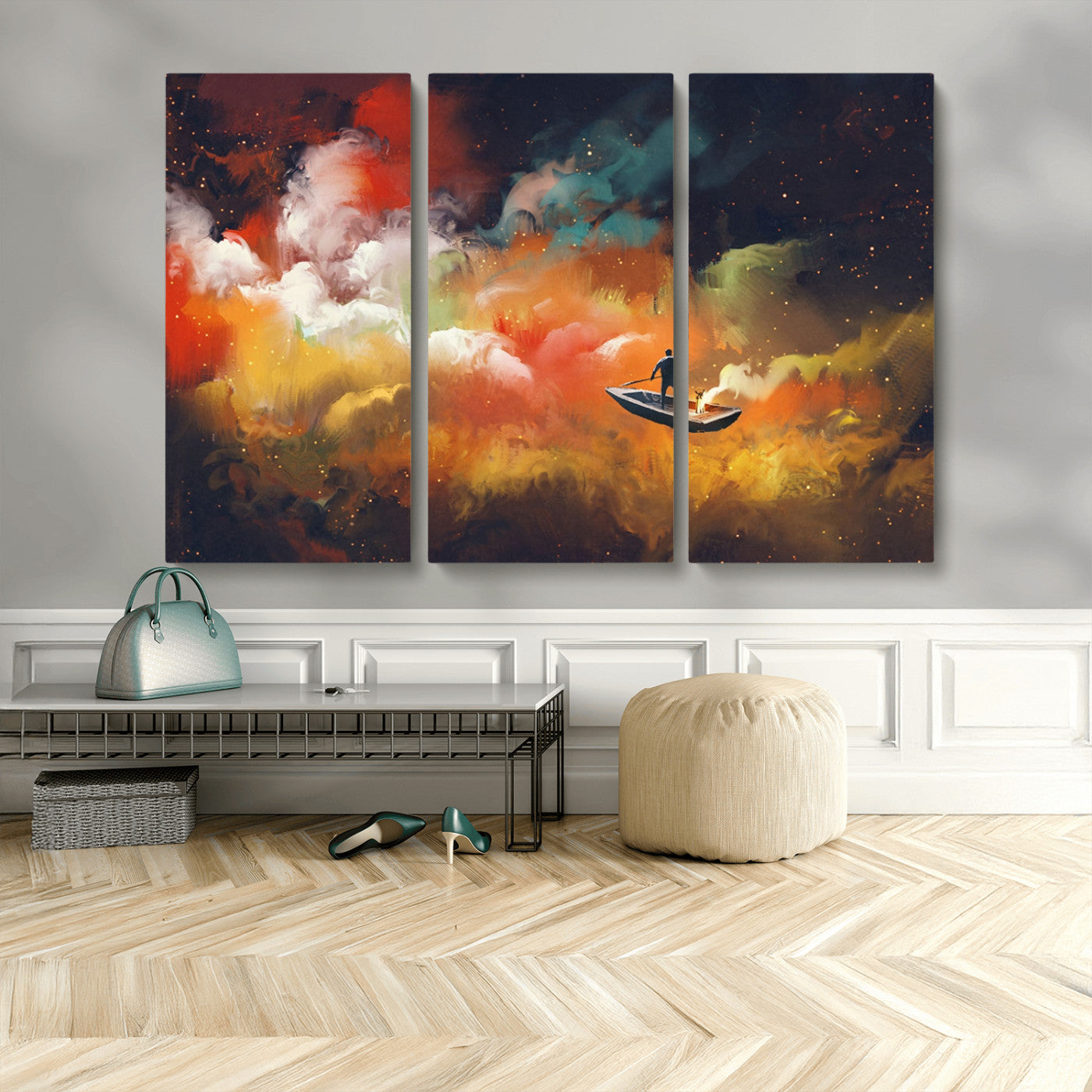 MGV-CV-48X32-3P - Surreal Space Adventure Canvas Wall Art – Dreamlike Abstract Galaxy Print – Framed and Ready to Hang for Living Room or Bedroom Decor