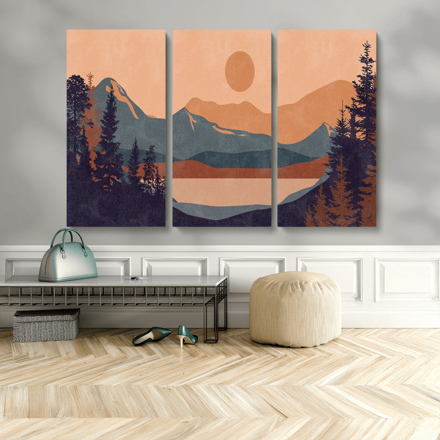 MGV-CV-48X32-3P - Modern Boho Sunset Canvas Print, Mountain Landscape Triptych – Giclée Canvas Art Print for Living