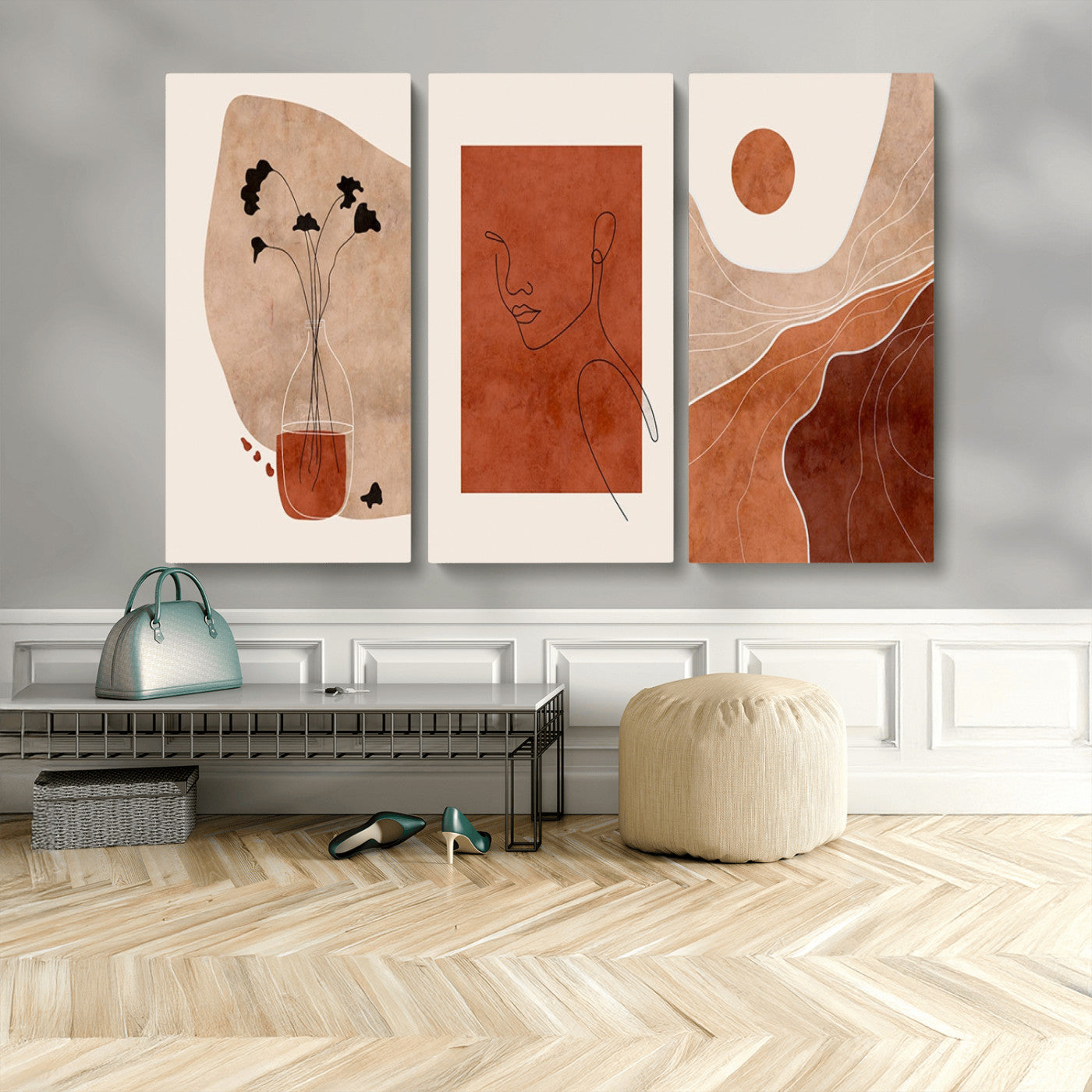 MGV-CV-48X32-3P - Boho Sunset Mountain Canvas Print, Modern Boho Sunset Mountain Landscape Triptych – Giclée Canvas