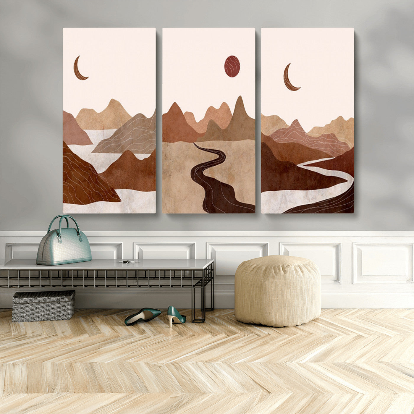 MGV-CV-48X32-3P - Boho Wall Art Canvas Print Set Mid-Century Prints Bohemian Wall Artwork Prints Boho Neutral
