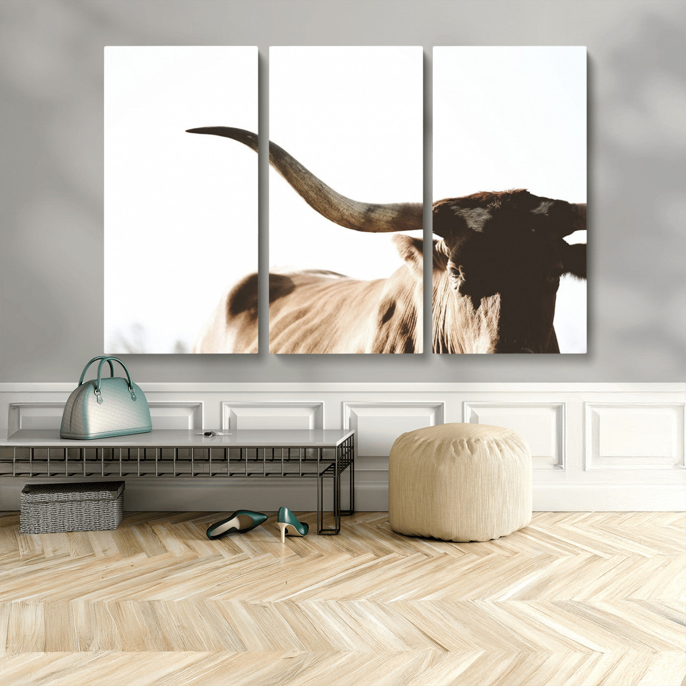 MGV-CV-48X32-3P - Texas Longhorn Wall Art Canvas Print | 3-Panel Large Longhorn Canvas Print for Living Room, Framed Gallery Wrap Office, Rustic Western Cowboy Decor