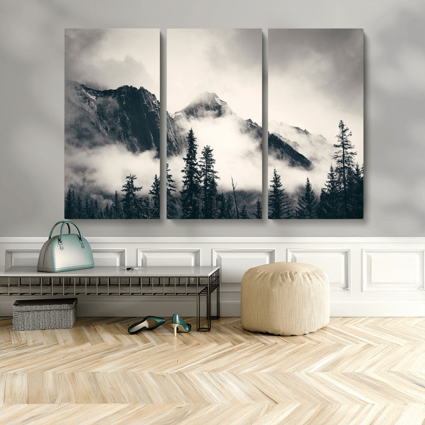 MGV-CV-48X32-3P - Large Foggy Mountain Forest Wall Art Canvas Print | Misty Mountain Peaks and Pine Trees Print | Framed Gallery Wrap | Rustic Nature Farmhouse Decor