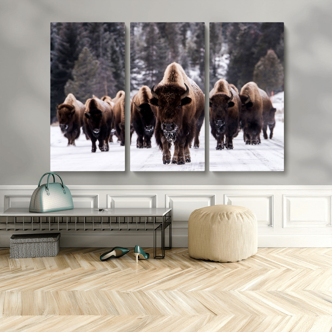 MGV-CV-48X32-3P - Bison Wall Art Canvas Print- Bison Herd Canvas Wall Art – Majestic Wildlife Photography – Framed and Ready to Hang Nature-Inspired Art - Buffalo Wall Art Print