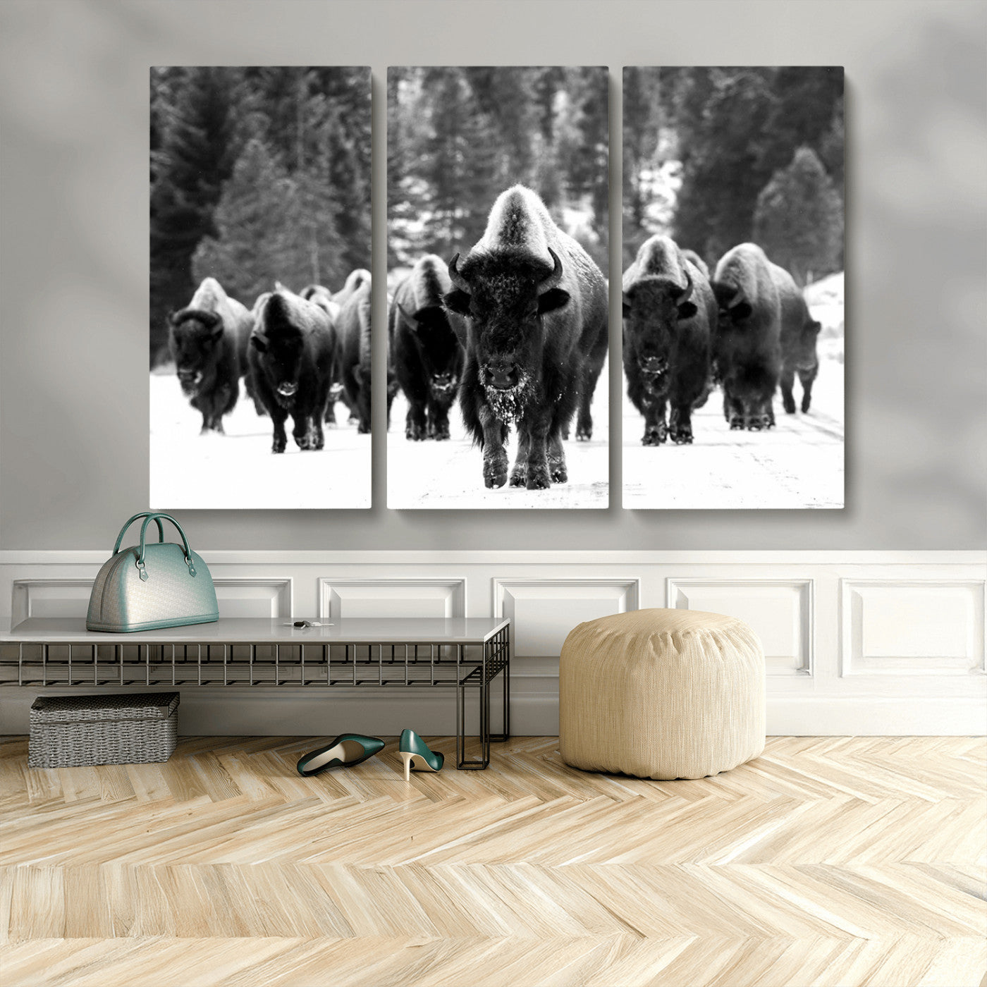 62434-MGV-CV-48X32-3P-Bison Herd in Snow Wall Art Canvas Print | Rustic Western Bison Wall Art for Decor for Living Room,