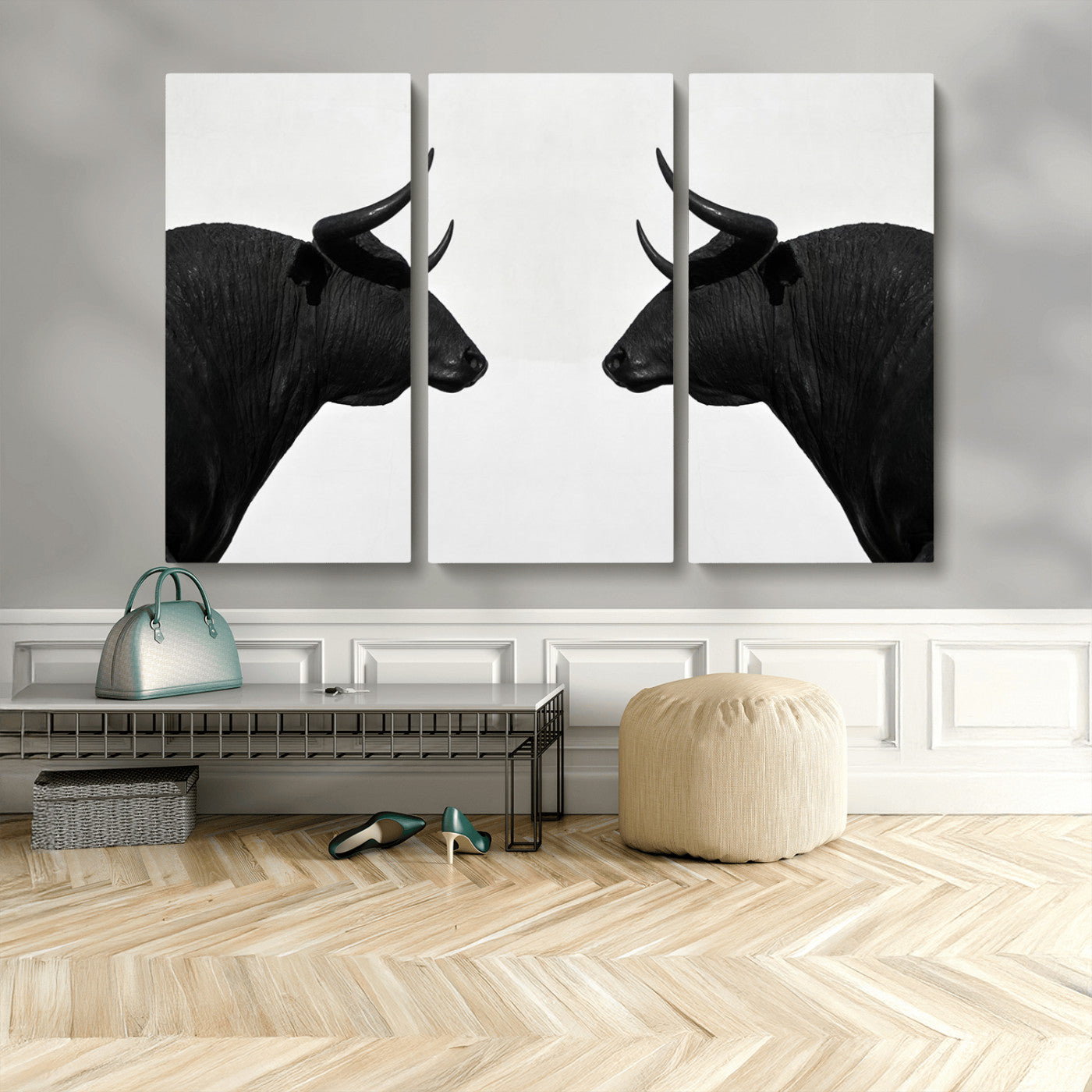 16038-MGV-CV-48X32-3P-Spanish Bull Art - Framed Black and White Bull Canvas Print for Modern Rustic Home or Office Decor