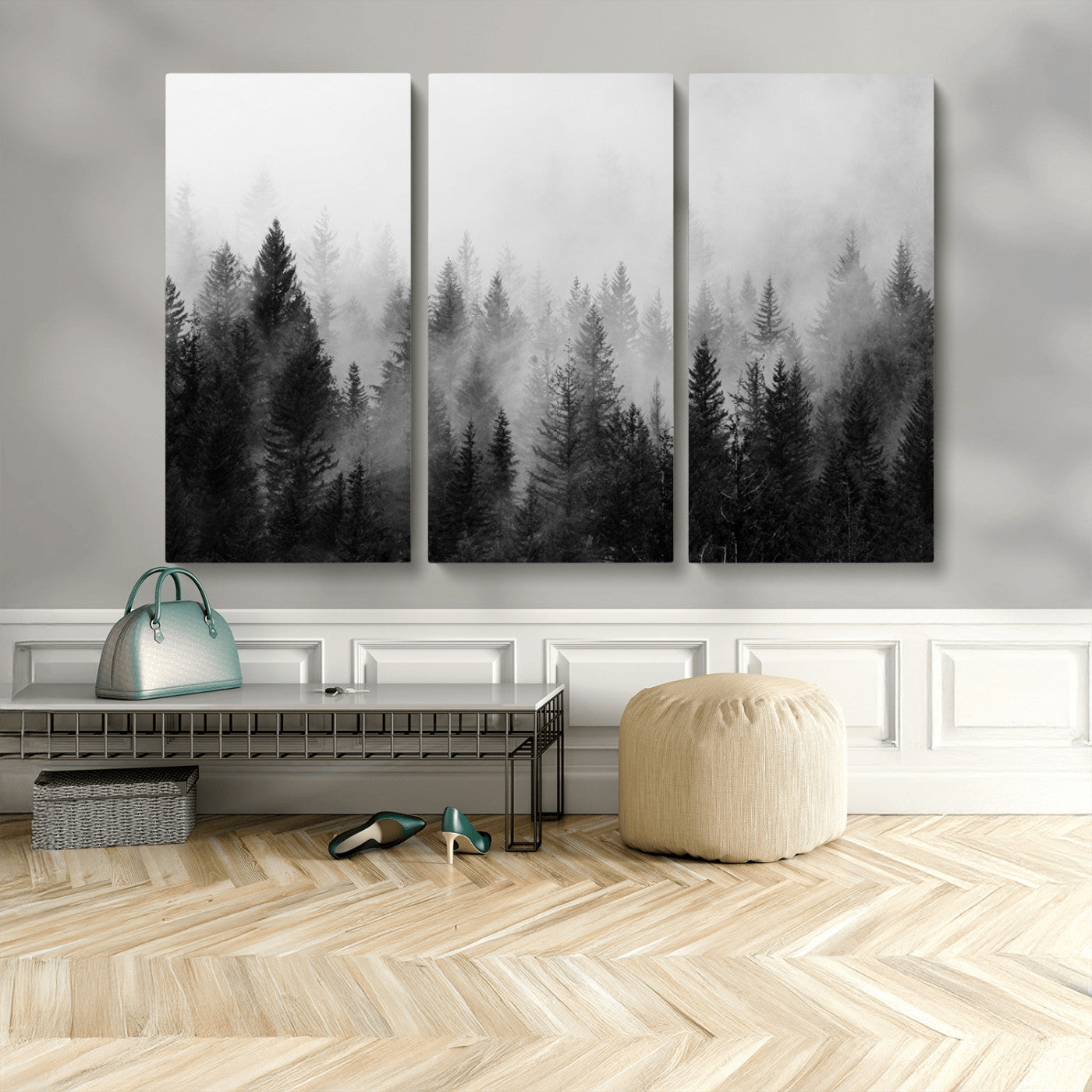 MGV-CV-48X32-3P - Foggy Black and White Forest Wall Art, 3 Panel Misty Pine Trees Canvas Print for Living Room, Office, or Bedroom, Nature-Inspired Woodland Wall Decor