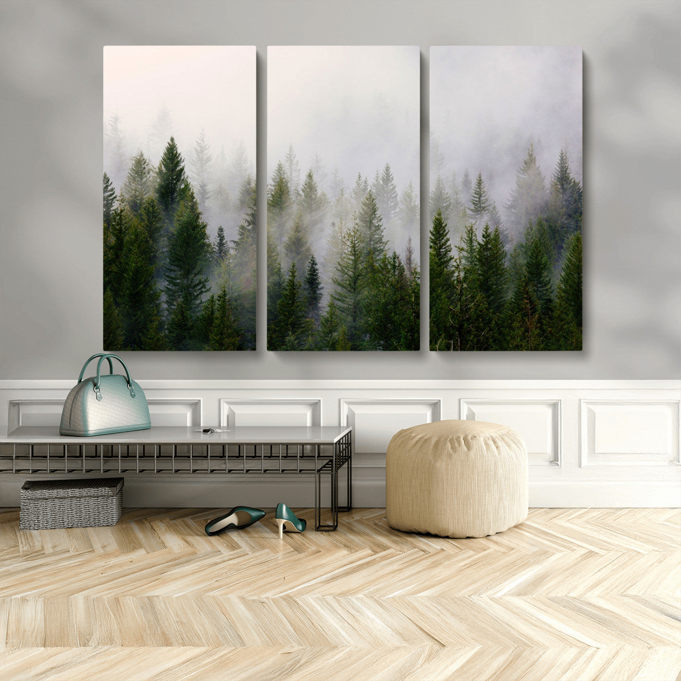 MGV-CV-48X32-3P - Misty Pine Forest Wall Art Canvas Print | 3 Panel Green Woodland Canvas Print for Living Room, Office, or Dining Room | Nature Foggy Forest Decor