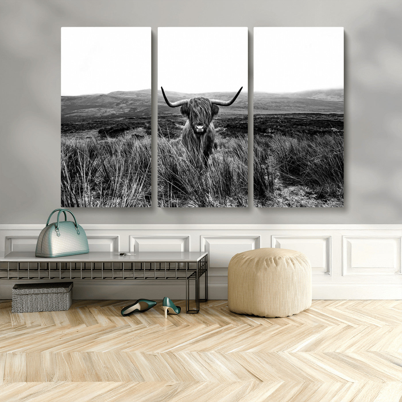 MGV-CV-48X32-3P - Black and White Highland Cow Canvas Wall Art, Longhorn Triptych Western Wall Decor for Cabin -