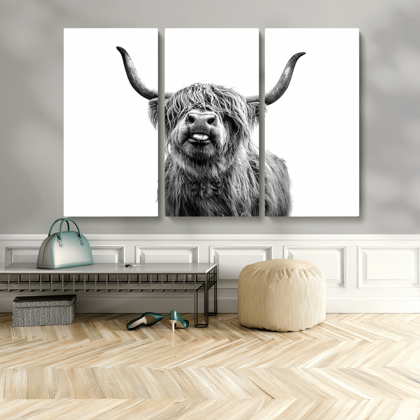 MGV-CV-48X32-3P - Fanny Scottish Highland Cow Cattle Art Print Farmhouse Wall Art Canvas Print