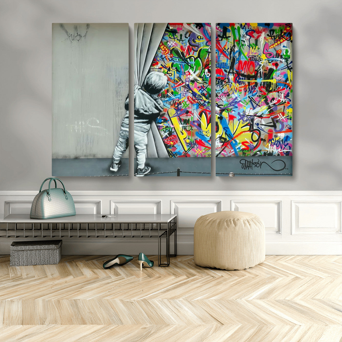 MGV-CV-48X32-3P - Banksy Colorful Street Graffiti Canvas Wall Art Print, Modern Art Triptych, Child and Graffiti Wall, Urban Art for Home or Office Decor