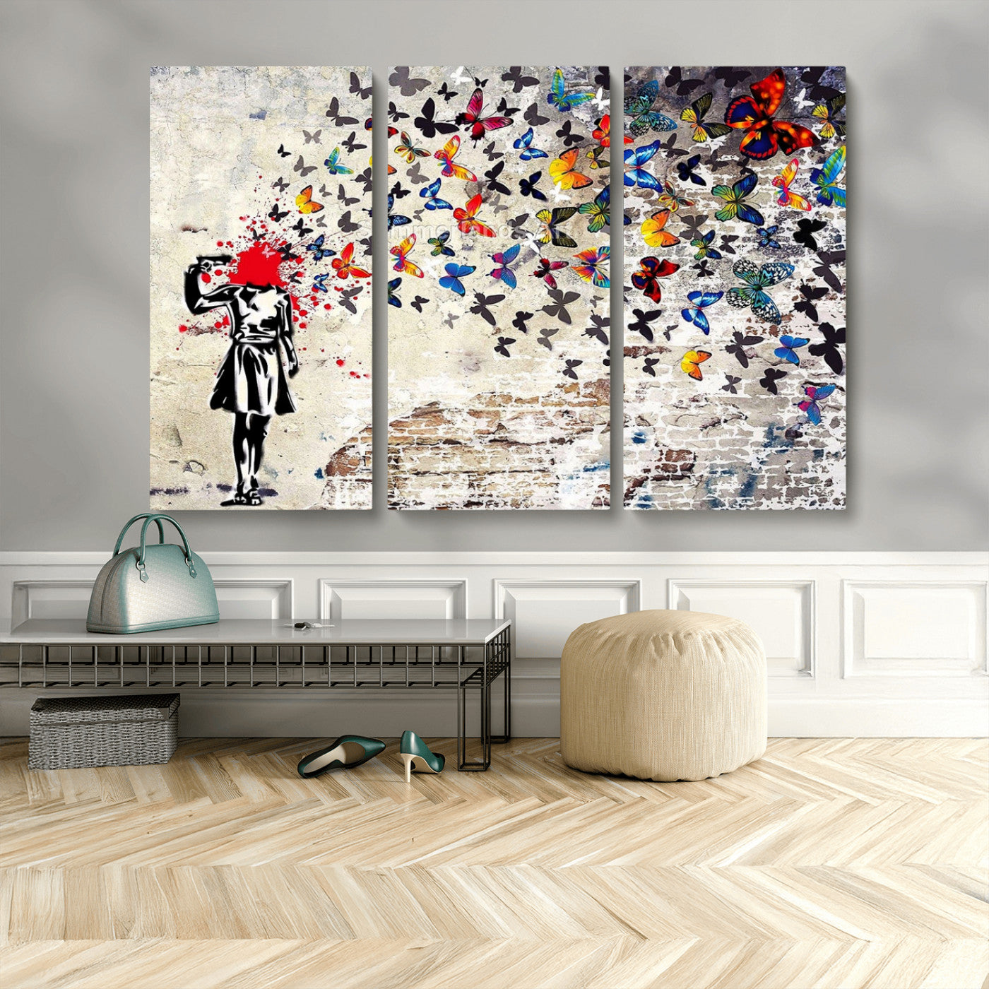 MGV-CV-48X32-3P - Banksy Art Butterfly Girl Explosion Canvas Art – Vibrant Urban Graffiti for Modern Interiors - Ready to Hang