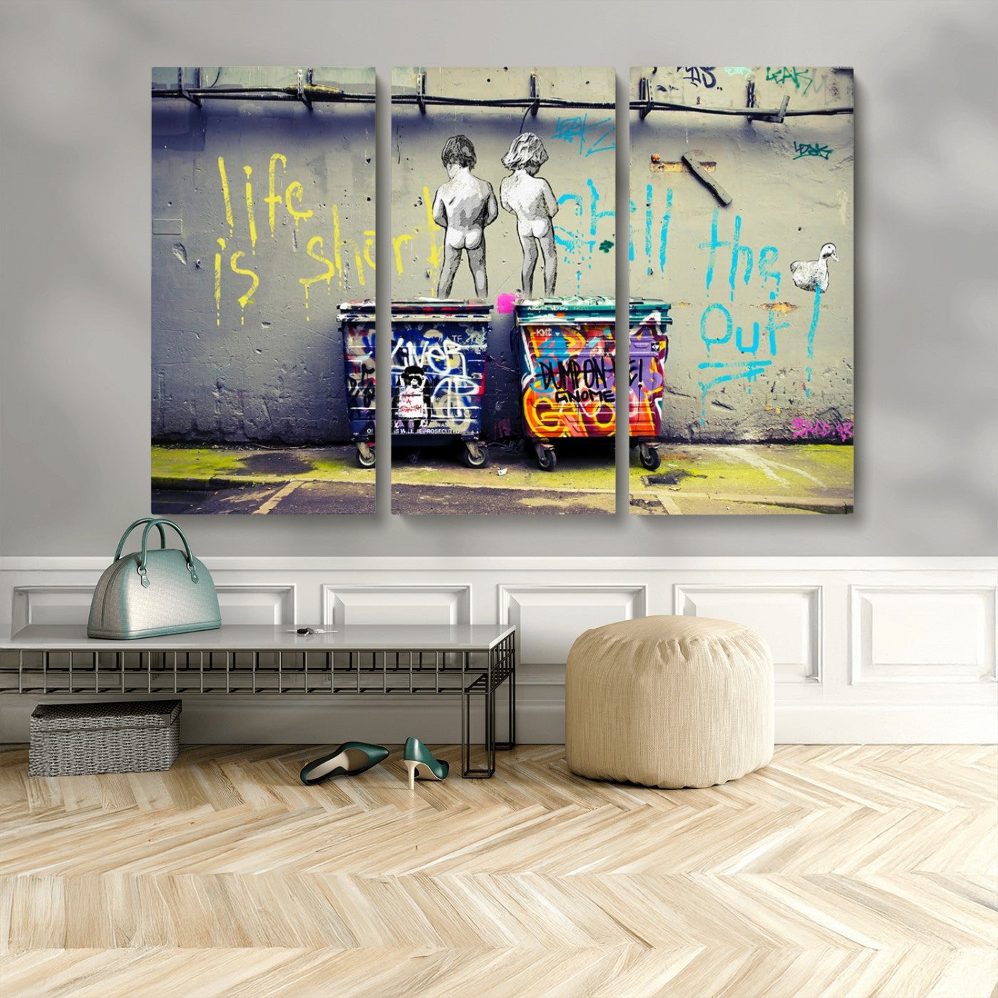 MGV-CV-48X32-3P - Banksy Life is Short Wall Art - Iconic Graffiti Art on Framed Ready-to-Hang Canvas - Street Art Inspired Decor