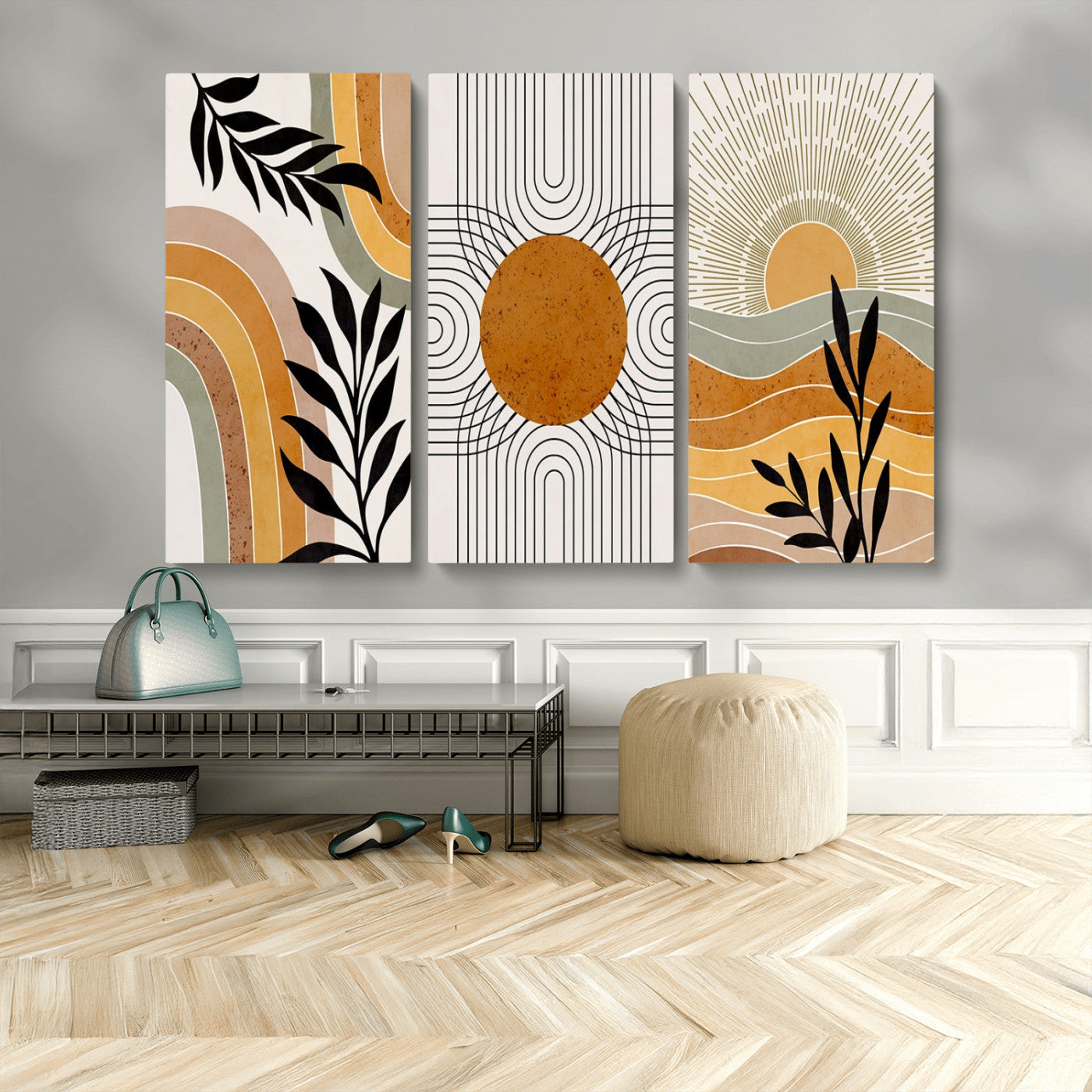 MGV-CV-48X32-3P - Modern Boho Sun and Leaf Abstract Art – 3-Panel Giclée Canvas for Mid-Century Modern or Bohemian