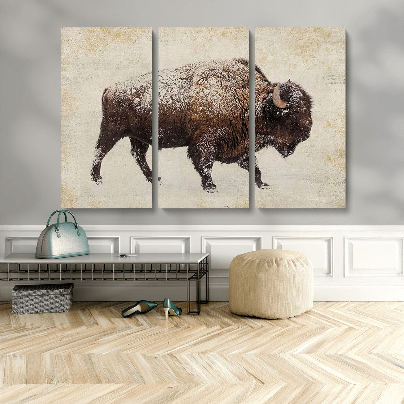 MGV-CV-48X32-3P - Buffalo Wall Art, Western Bison Canvas Print, Rustic Buffalo Art for Cowboy Western Decor, Large Multi-Panel Giclee Canvas for Farmhouse Wall Decor