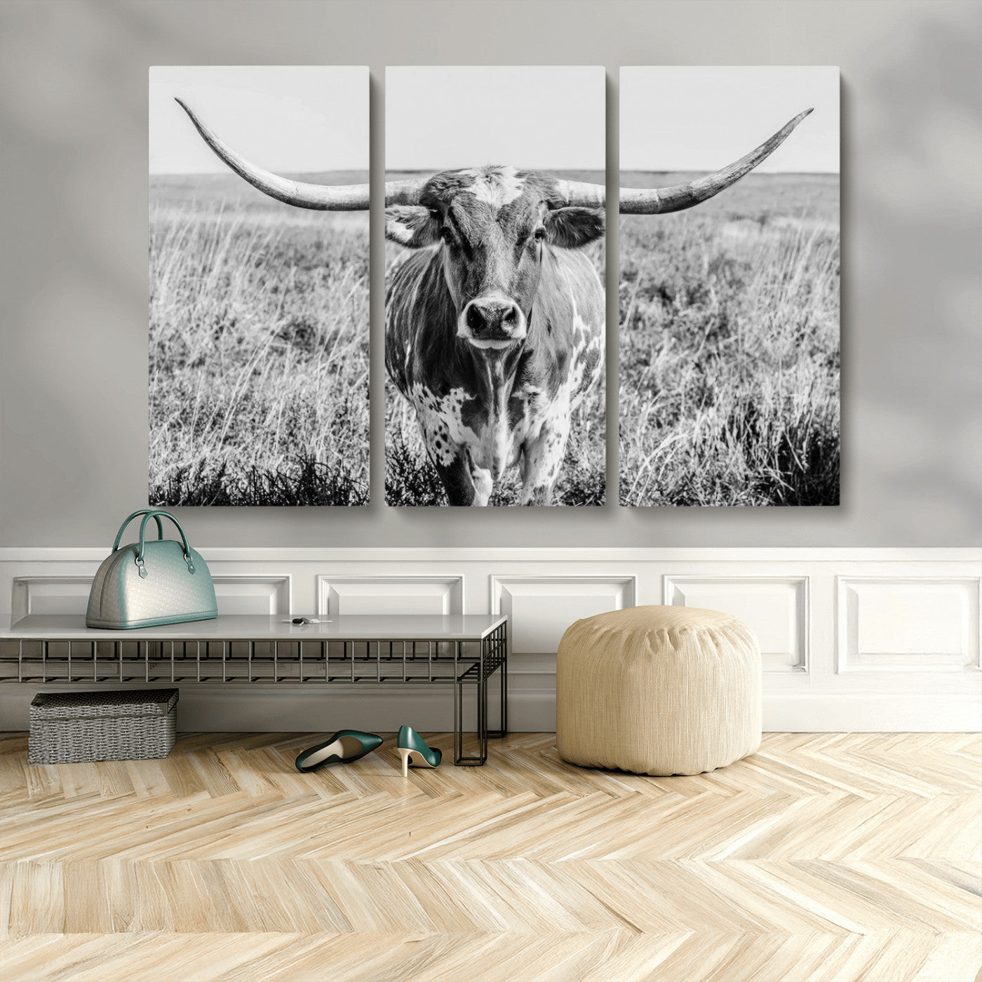 MGV-CV-48X32-3P - Texas Cow Longhorn Wall Art Canvas Print for Farm House Wall Decor, Farmhouse Wall Art Print