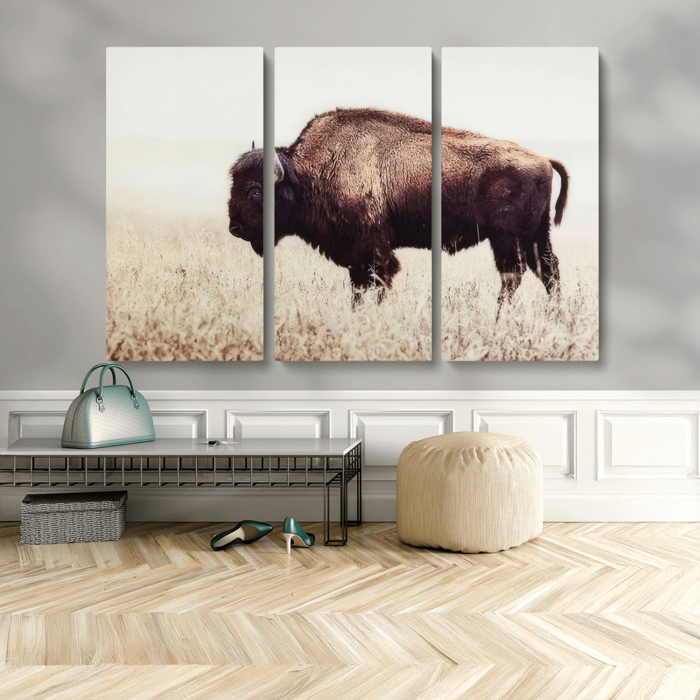 MGV-CV-48X32-3P - Bison in Field Wall Art Canvas Print For Farmhouse Barn Decor