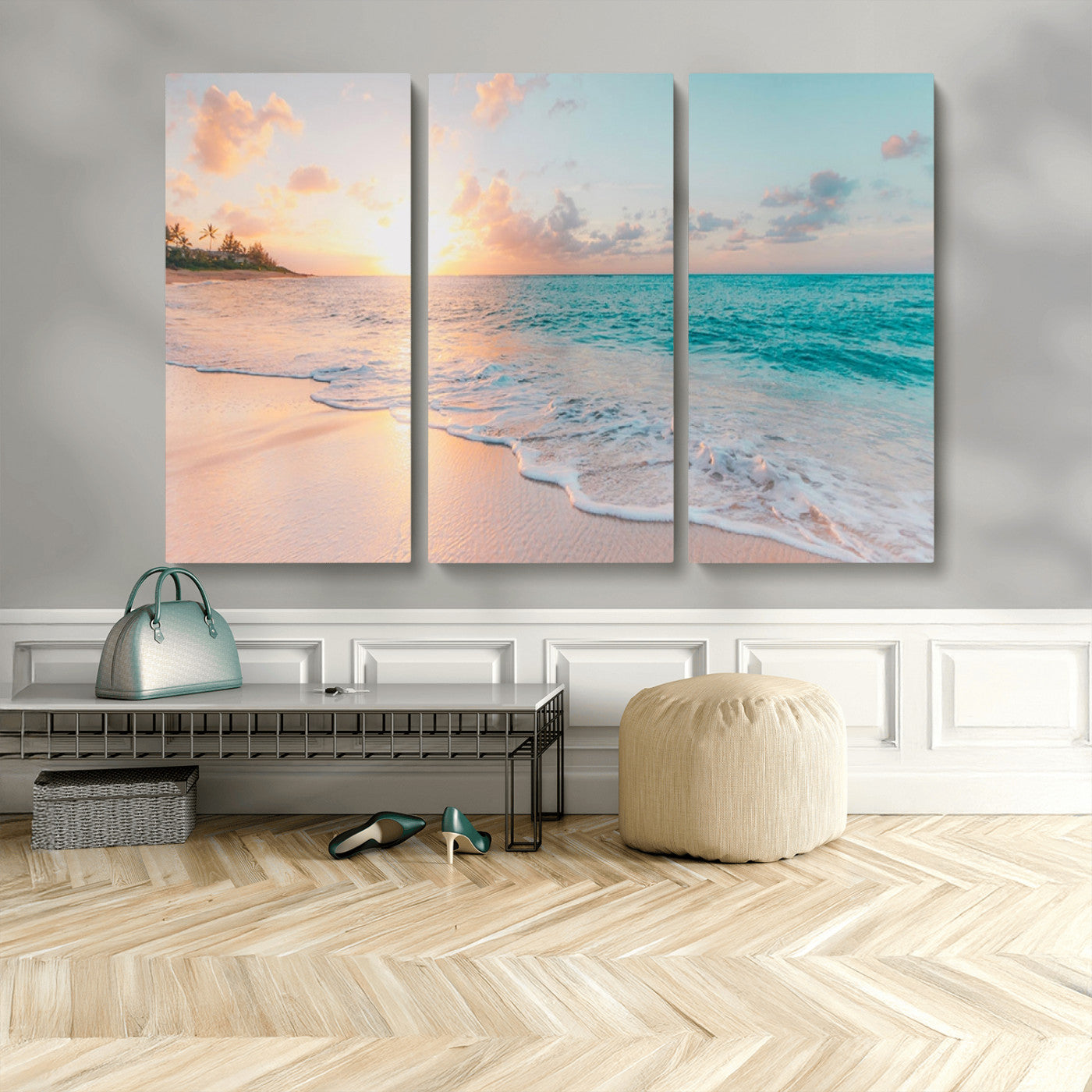 MGV-CV-48X32-3P - Beach Sunrise Wall Art, Coastal Seascape Canvas Print, Ocean Wave Multi-Panel Giclee, Coastal Sunset Beach Scene for Modern Decor