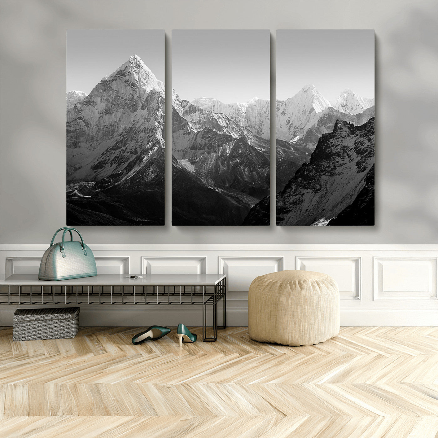 MGV-CV-48X32-3P - Everest Himalaya Mountain Peaks Black & White Triptych Canvas Art – Mountain Wall Decor for Minimalist Interiors