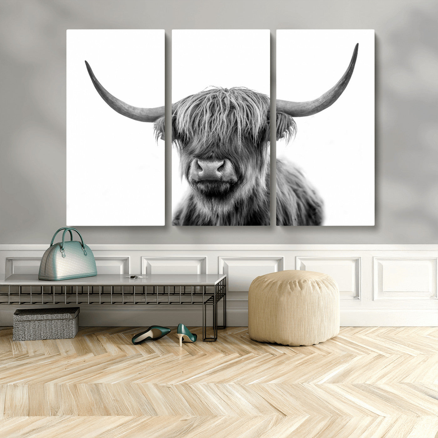 MGV-CV-48X32-3P - Grayscale Scottish Highland Cow Cattle Art Print Farmhouse Wall Art Canvas Print