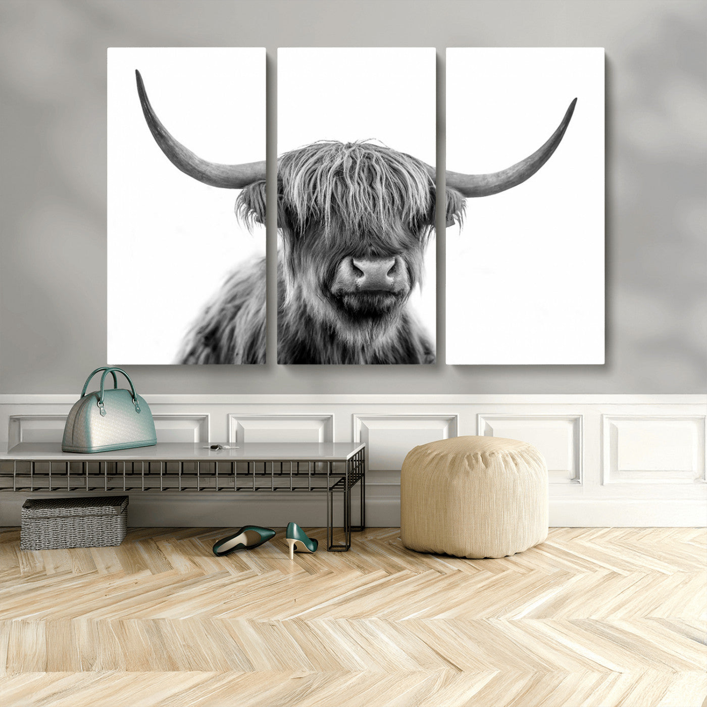 MGV-CV-48X32-3P - Scottish Highland Cow Cattle Art Print Wall Art Canvas Print for Farmhouse Decor, Framed Scottish