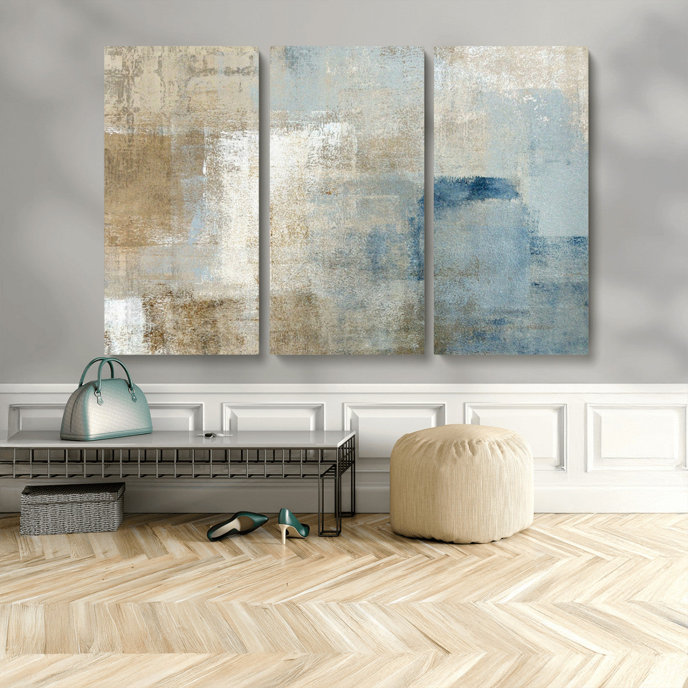 MGV-CV-48X32-3P - Abstract Blue and Beige Wall Art, Modern Minimalist Canvas Print Set, Giclee Textured Art, Large Multi-Panel Artwork for Living Room