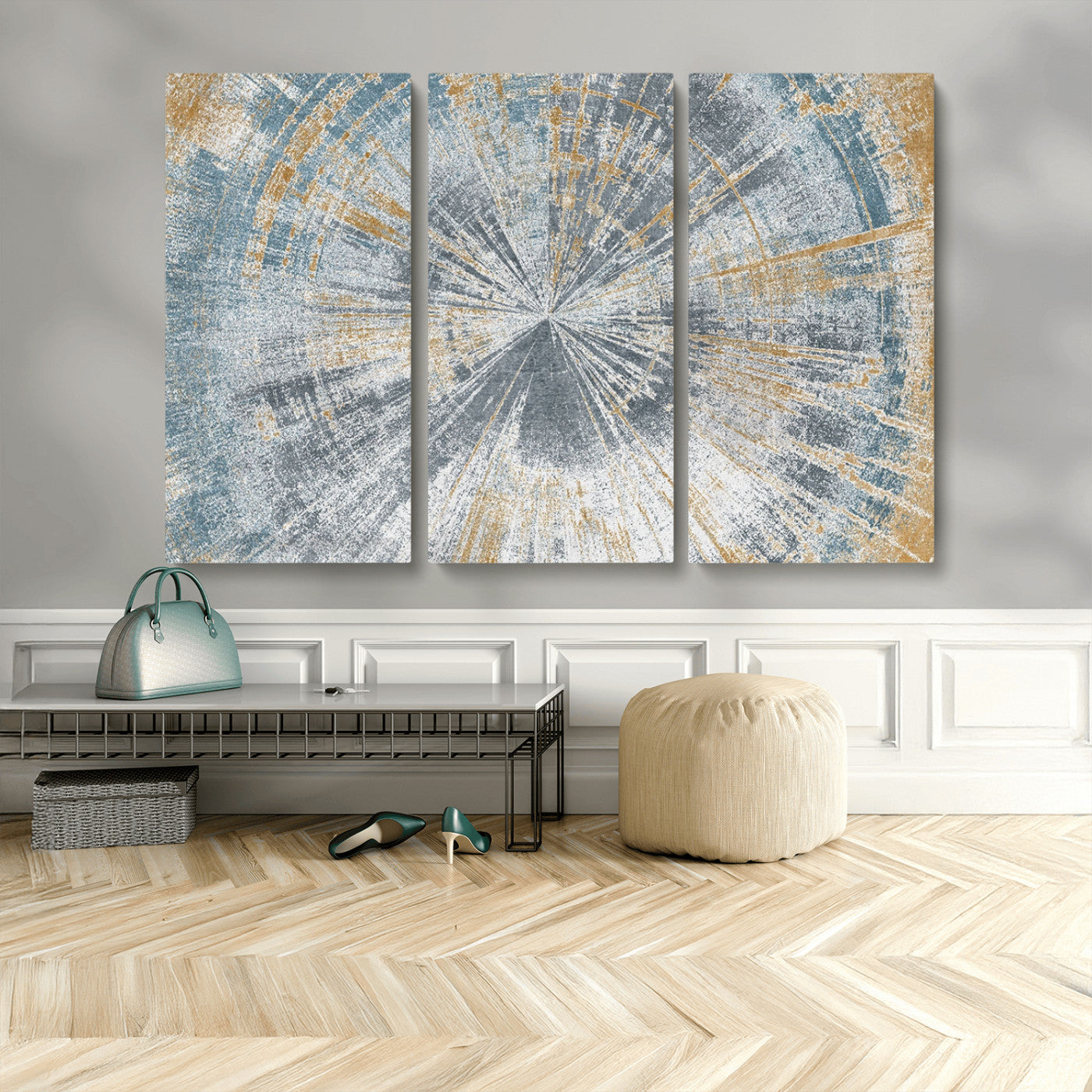 MGV-CV-48X32-3P - Radiant Abstract Wood Rings Canvas Art – Modern Triptych Wall Decor for Living Room or Farmhouse Decor