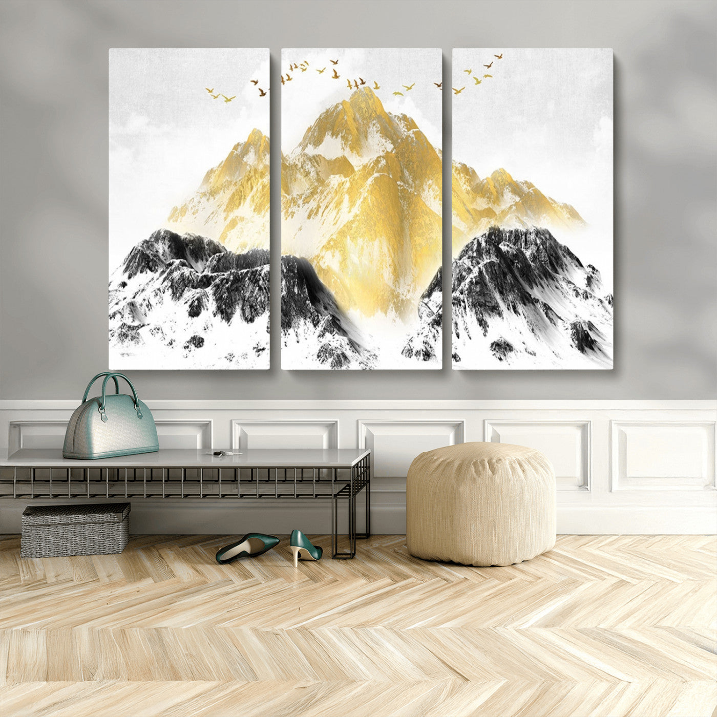 MGV-CV-48X32-3P - Golden Mountain Triptych Wall Art, Modern Giclee Canvas Print, Nature Landscape Decor for Living Room, Contemporary Gold and Black Wall Art