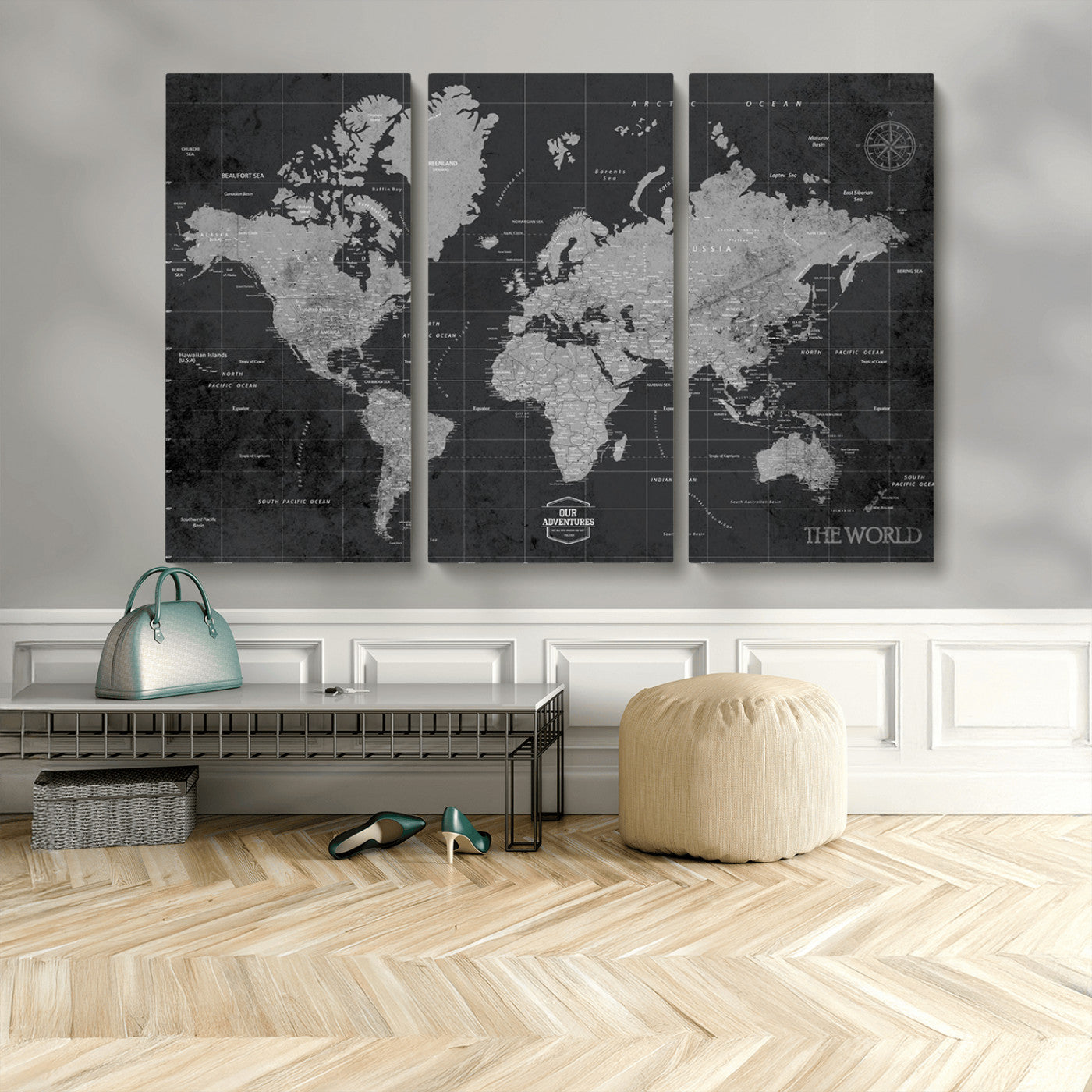MGV-CV-48X32-3P - Push Pin World Map Canvas Print – Framed Wall Art for Couples to Track Their Travels – Anniversary