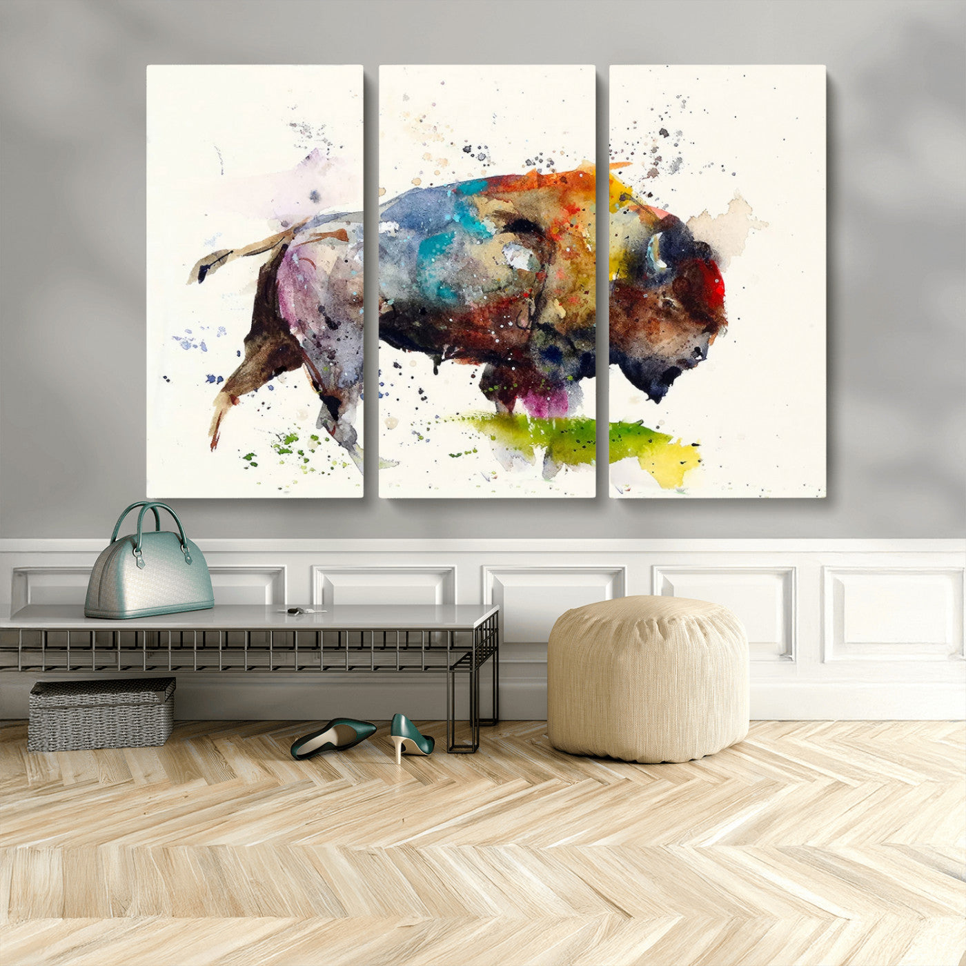 MGV-CV-48X32-3P - Abstract Buffalo Wall Art, Western Watercolor Bison Canvas Print, Rustic Buffalo Art for Cowboy and Western Decor, Large Multi-Panel Giclee Canvas