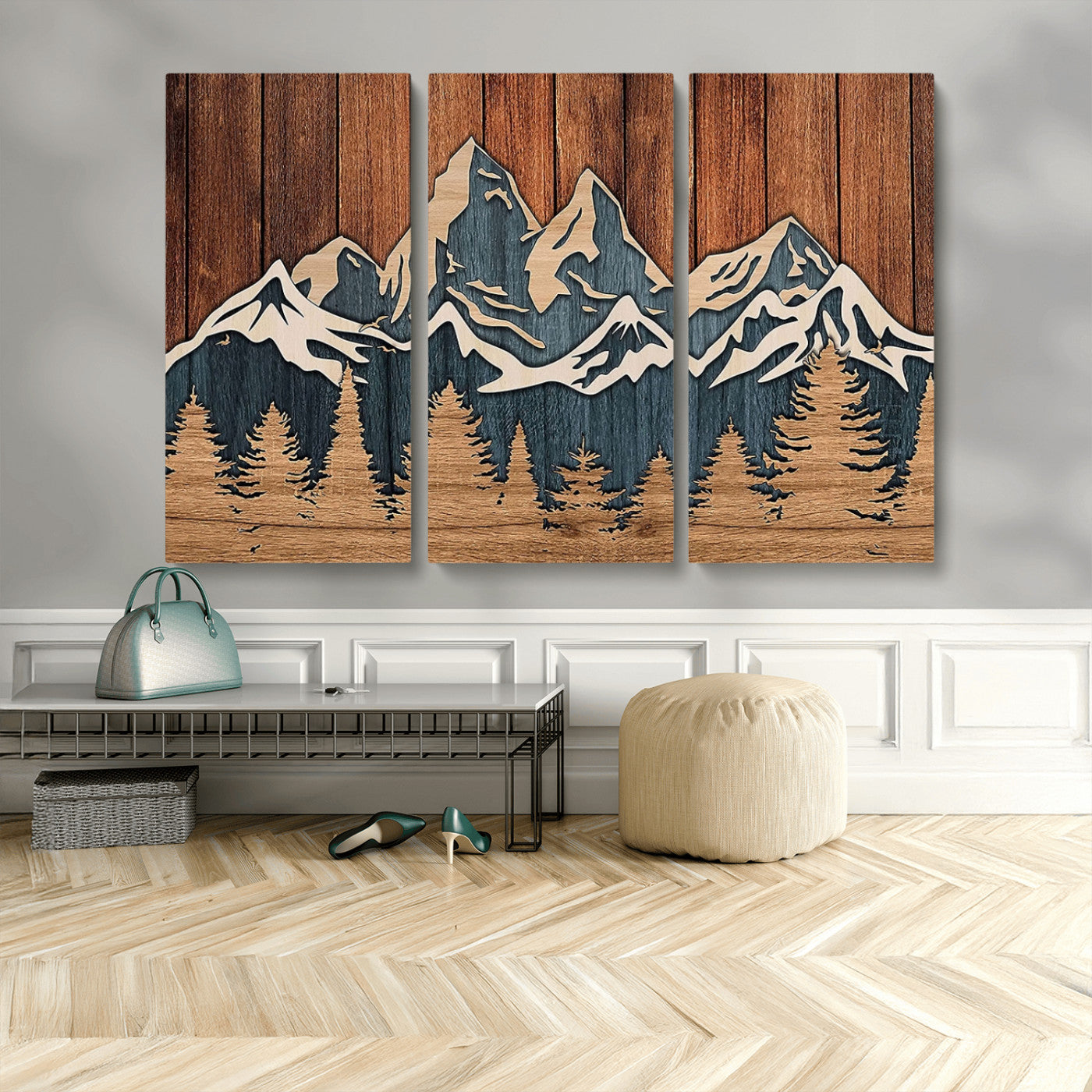 MGV-CV-48X32-3P - Rustic Wood Style Mountain Wall Art, Nature Forest Canvas Print, Wooden Textured Mountain Artwork, Handcrafted Landscape Decor for Farmhouse Decor