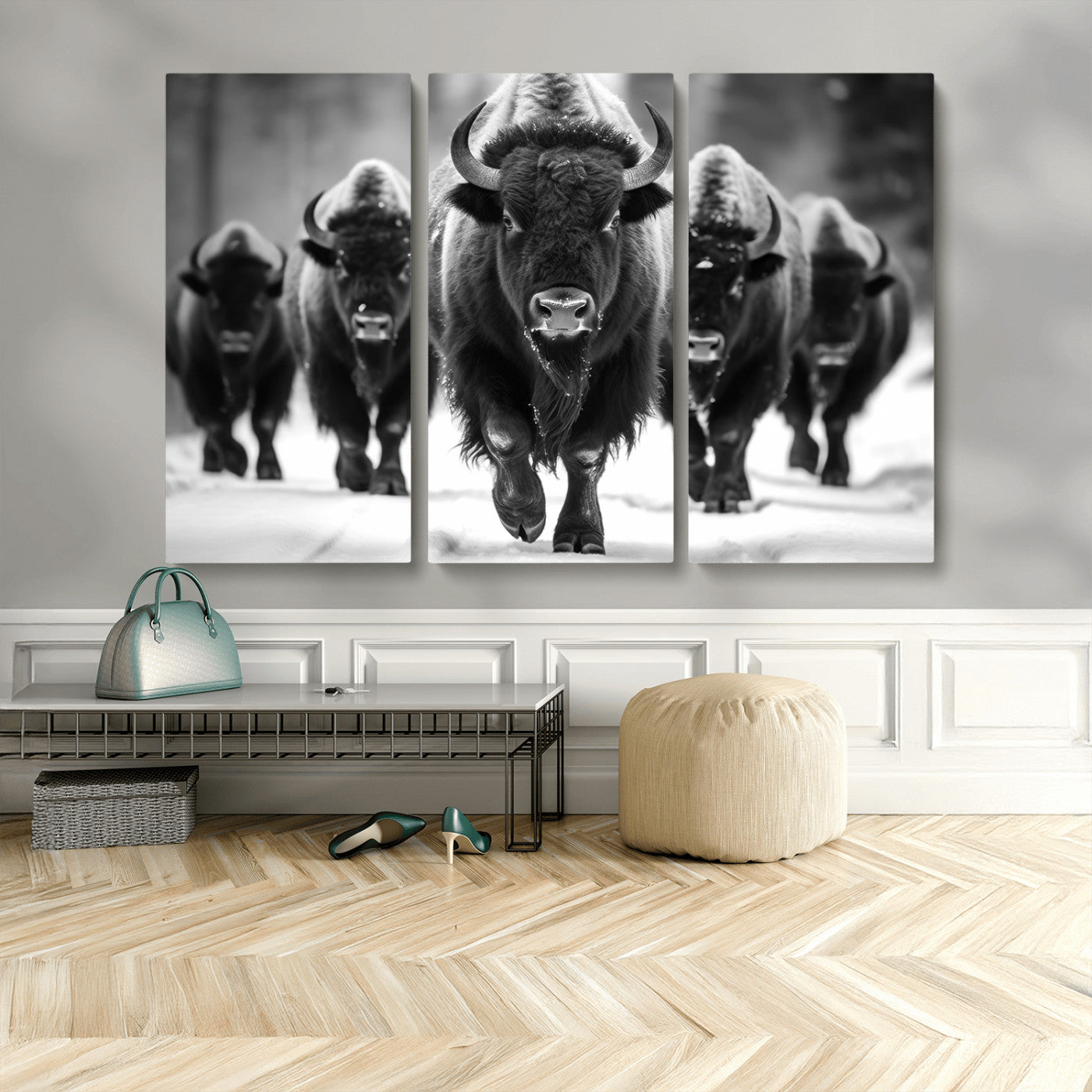 MGV-CV-48X32-3P - American Bison Art | Buffalo Herd Wall Art Canvas Print, BW American Bison Herd Wall Art Canvas Print