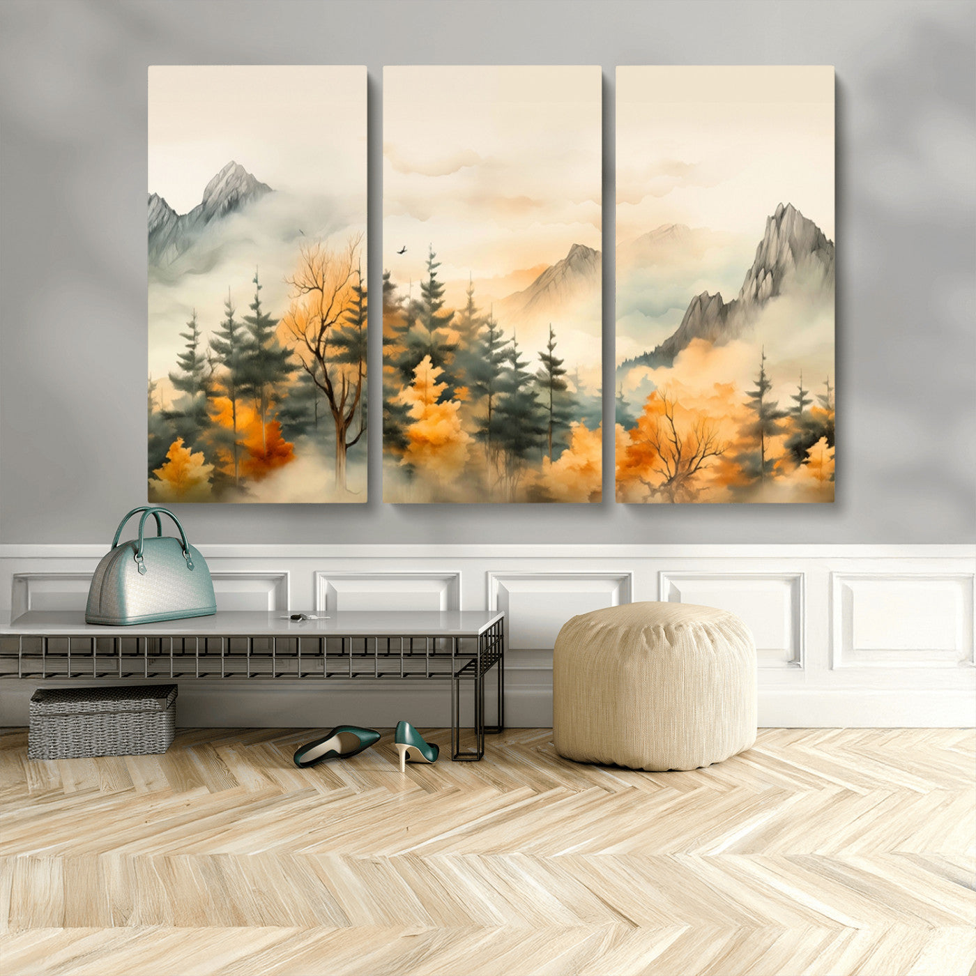MGV-CV-48X32-3P - Abstract Watercolor Mountains and Trees Autumn Art, Watercolor Mountains and Trees Canvas Print