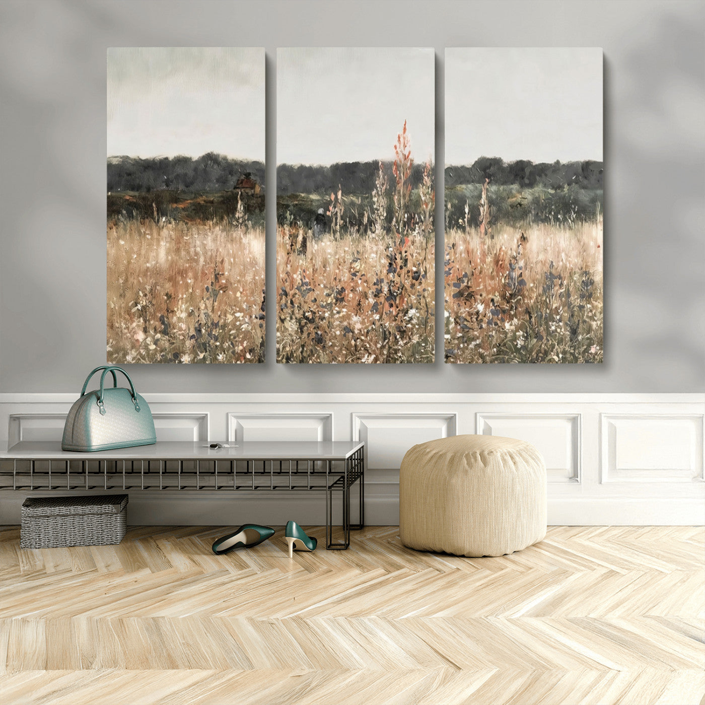 MGV-CV-48X32-3P - Abstract Wildflower Art Field Landscape Oil Painting Print, Country Field Wall Art - Framed Ready to Hang