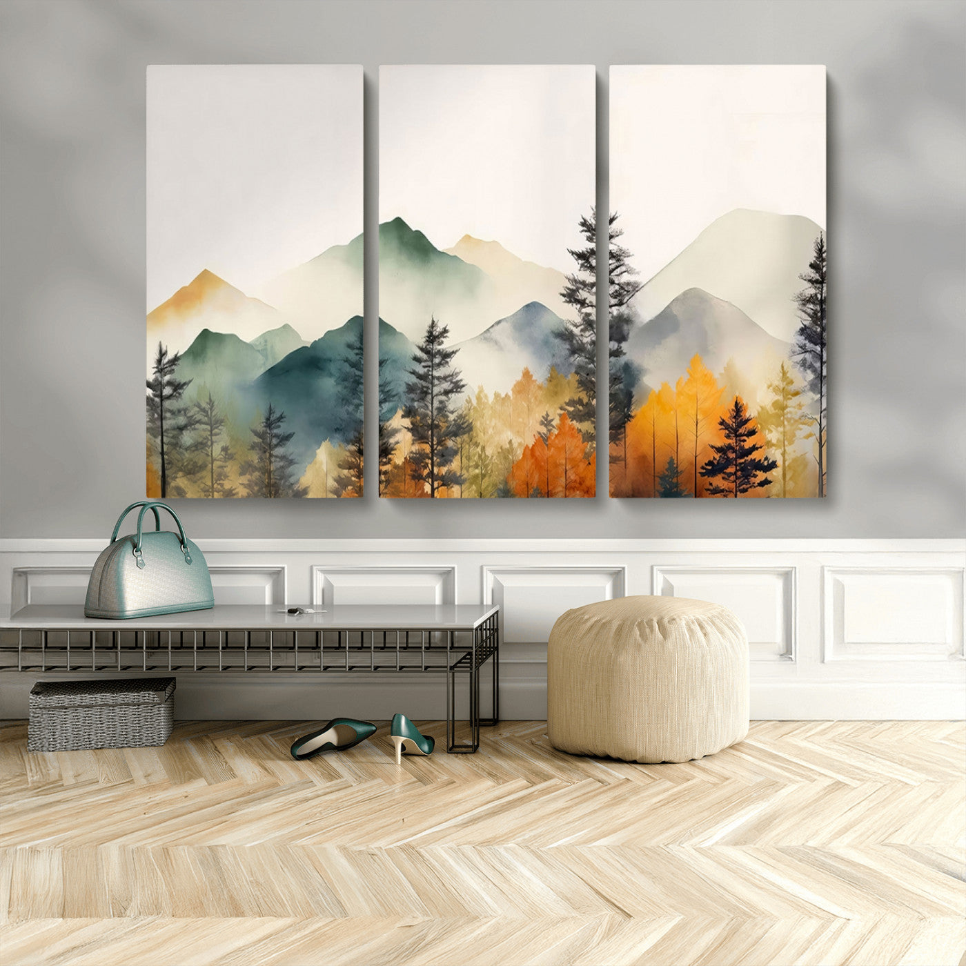 MGV-CV-48X32-3P - Abstract Watercolor Mountains and Trees Autumn Wall Art, Mountains and Trees Autumn Wall Art Canvas