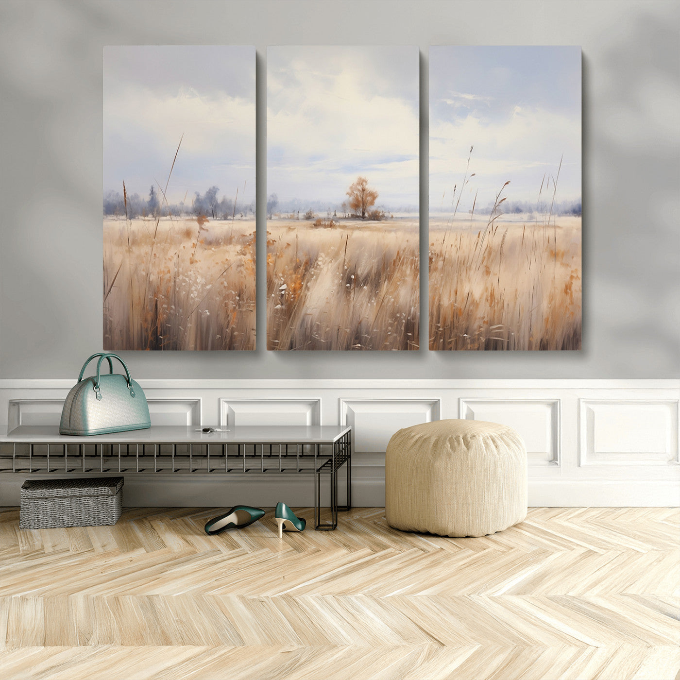 MGV-CV-48X32-3P - Golden Fields Wall Art Print Canvas – Serene Landscape of Nature’s Tranquility in Minimalist for