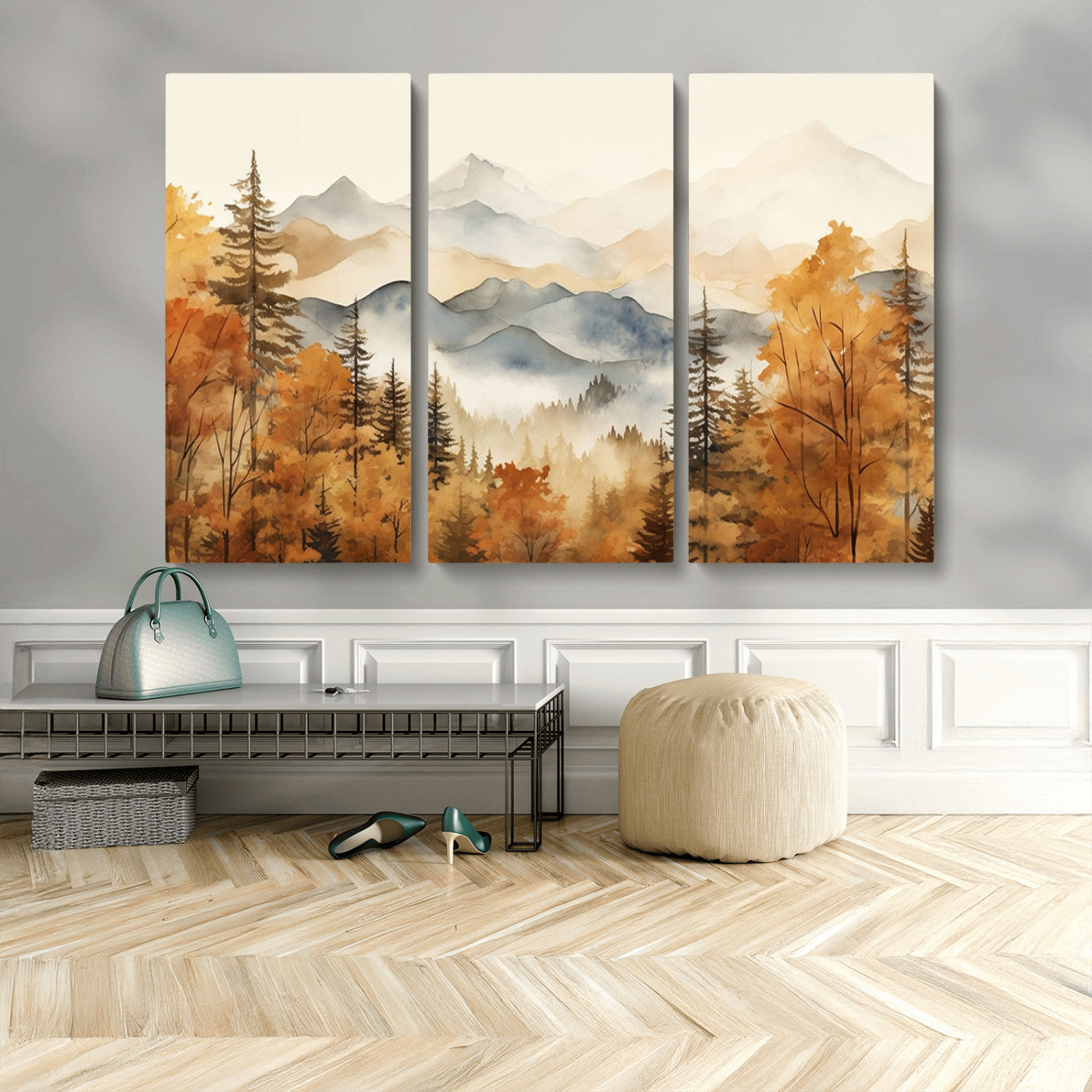 MGV-CV-48X32-3P - Golden Autumn Forest Wall Art | Mountain Landscape Canvas Print for Living Room or Bedroom | Large Wall Decor with Nature-Inspired Design