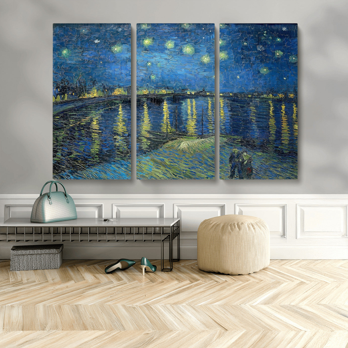 94605-MGV-CV-48X32-3P-Vincent van Gogh Starry Night over the Rhone Abstract Wall Art Canvas, Starry Night Canvas Print