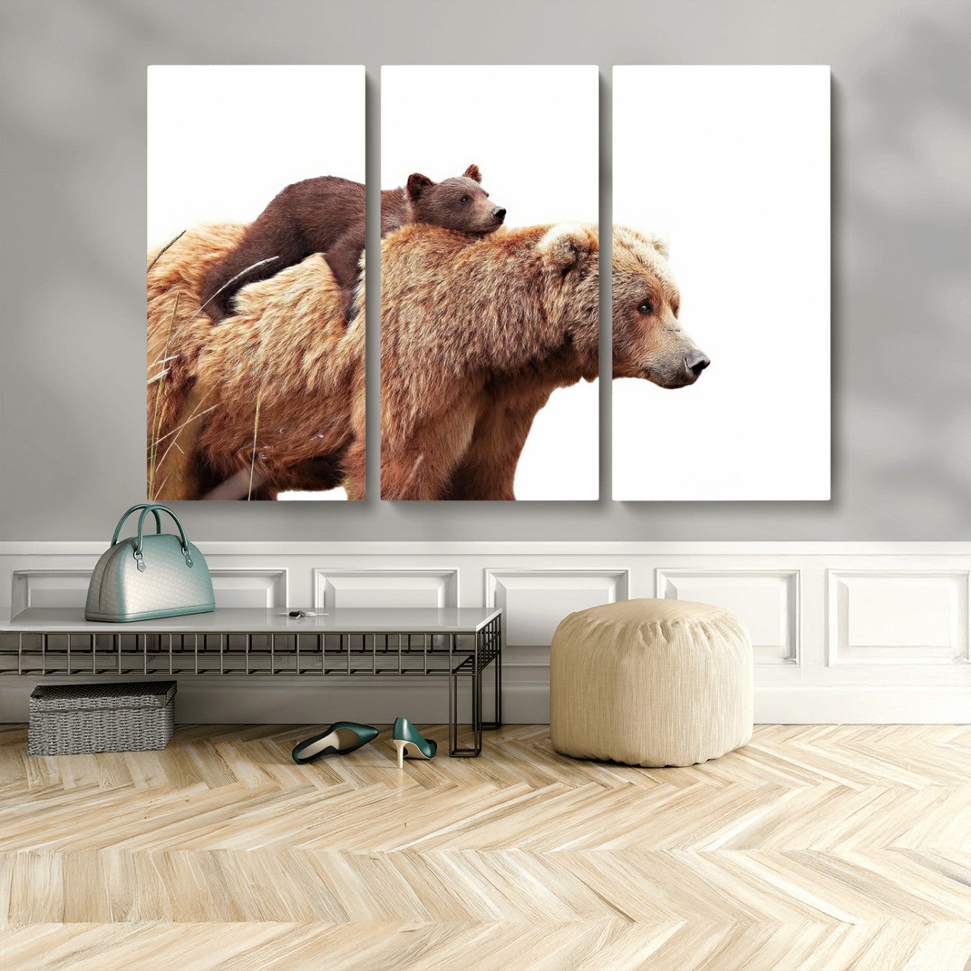 MGV-CV-48X32-3P - Mother and Baby Bear Canvas Wall Art - Adorable Wildlife Animal Print, Cozy Rustic Decor for Living Room,