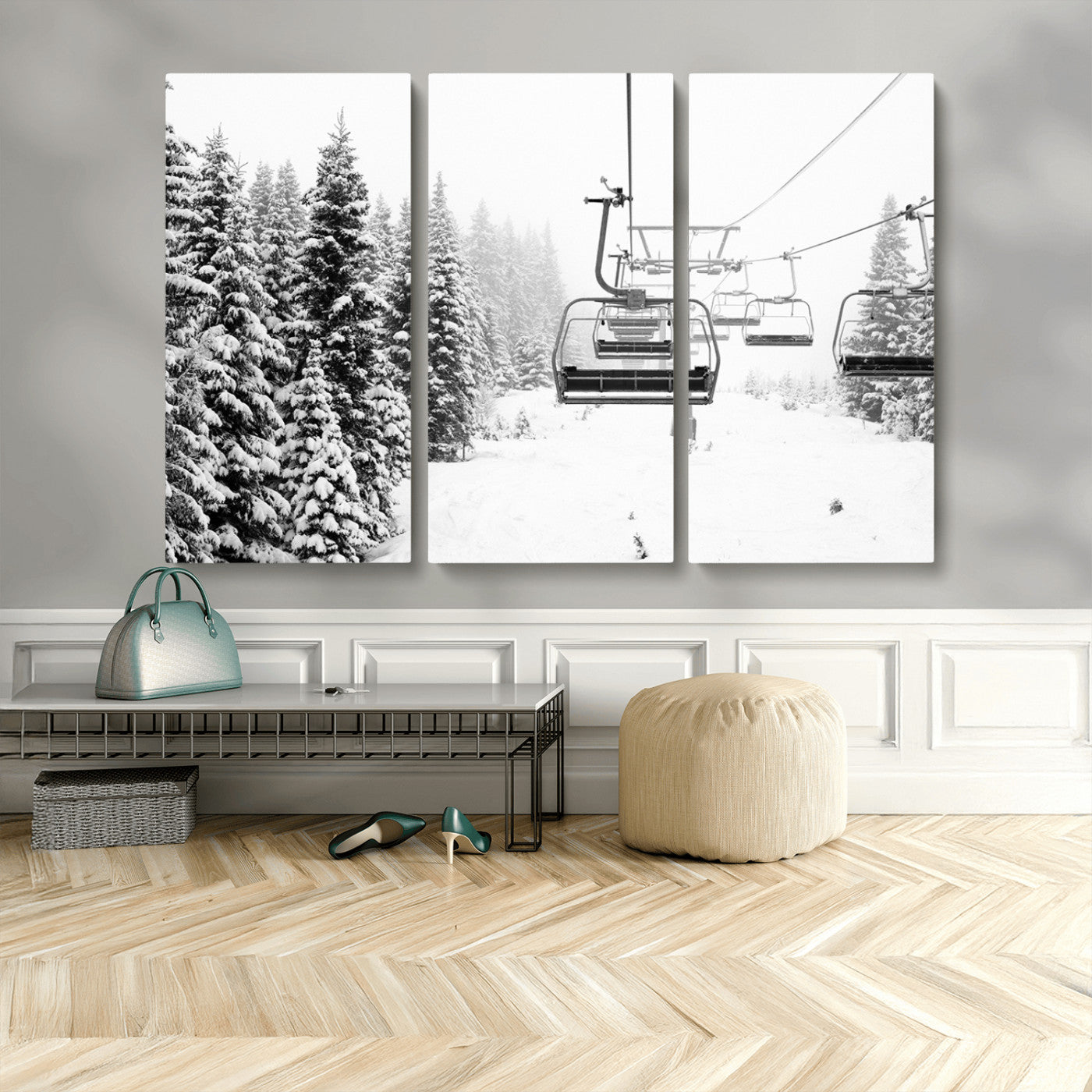 MGV-CV-48X32-3P - Ski Wall Art - Ski Lift Wall Art Canvas Print Snow Covered Spruce Trees Winter Wall Art Ski Skier
