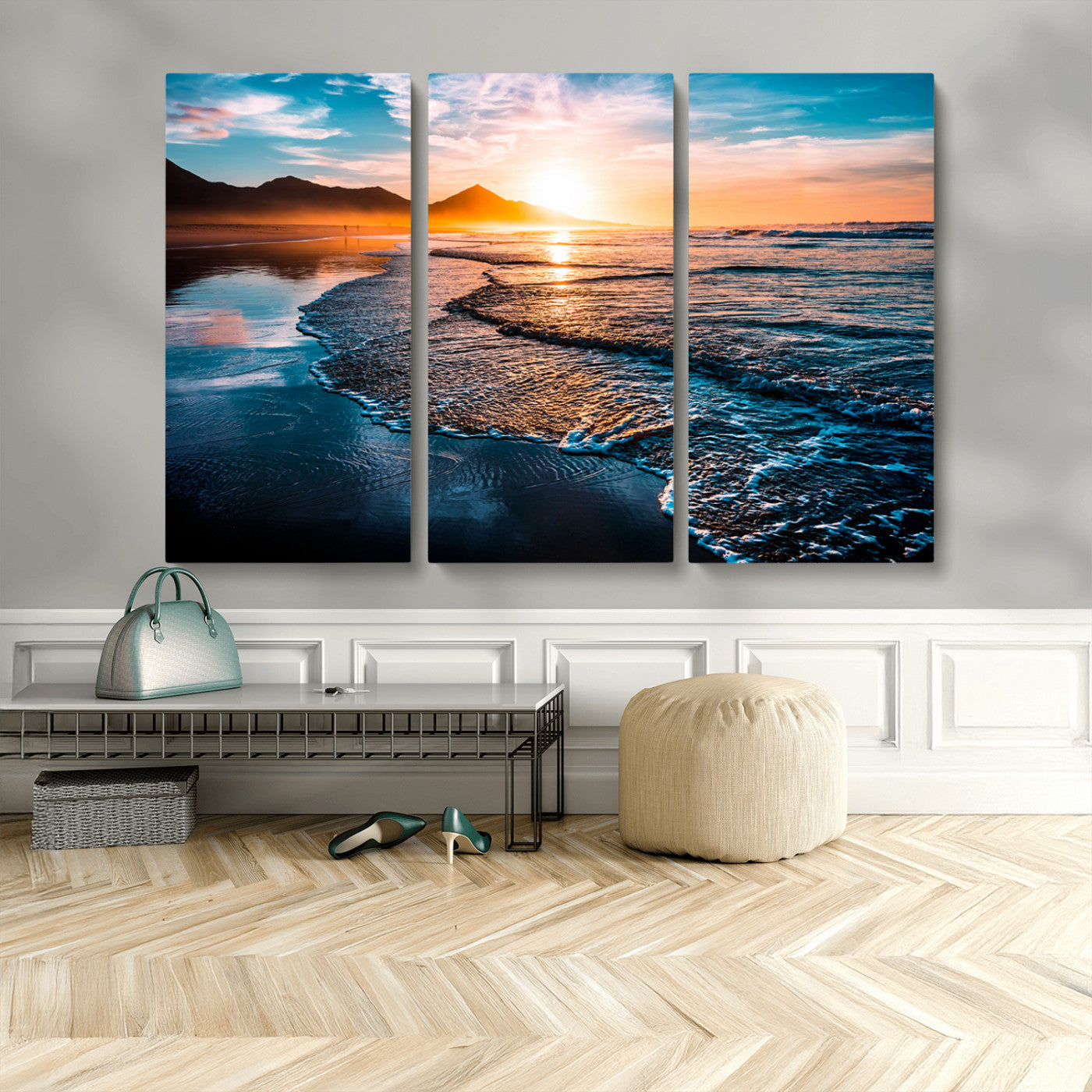 MGV-CV-48X32-3P - Sunset Beach Ocean Canvas Wall Art – Tranquil Ocean Reflections at Dusk – Ready to Hang