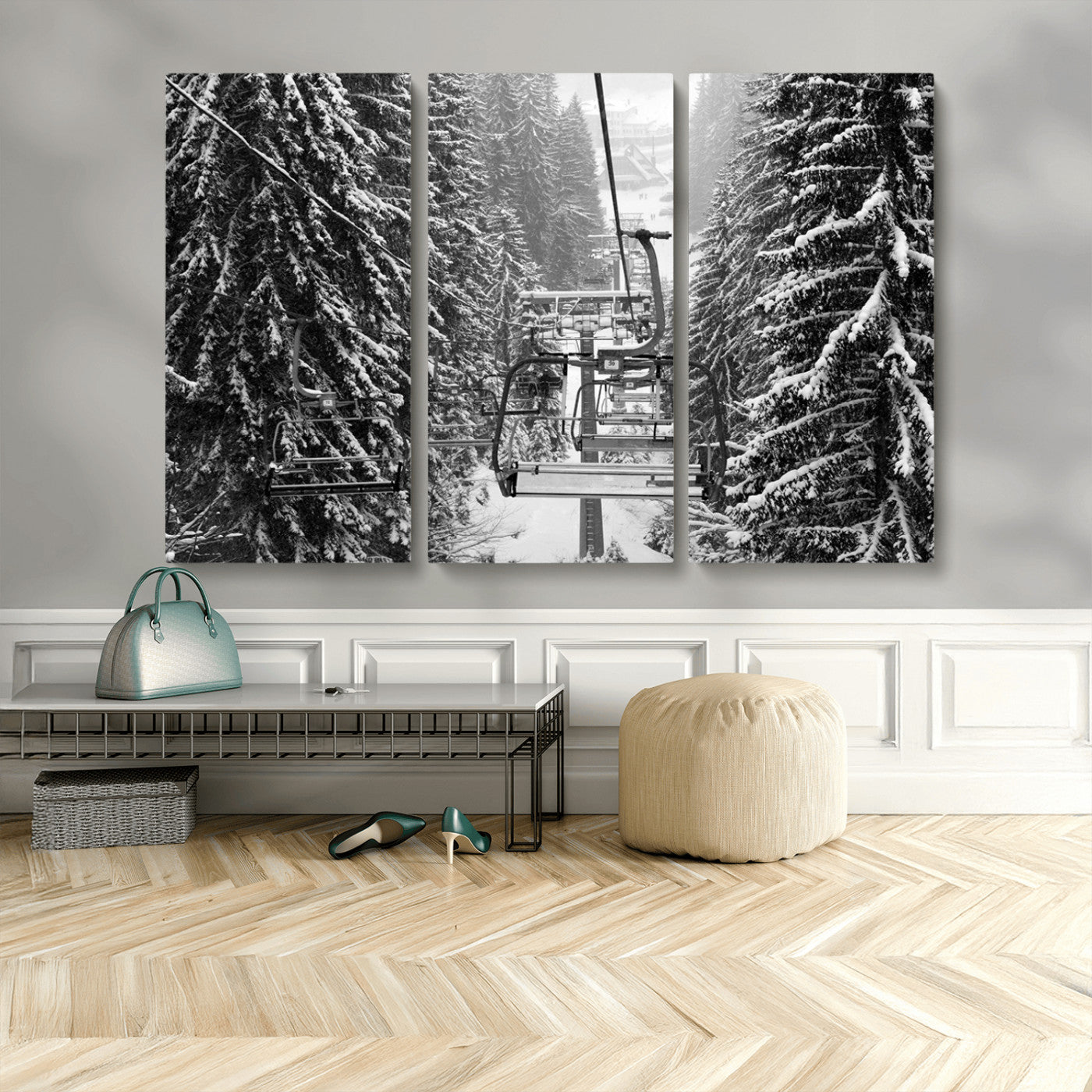 MGV-CV-48X32-3P - Winter Ski Lift Black and White Canvas Wall Art – Alpine Escape in Minimalist Style – Ready to Hang