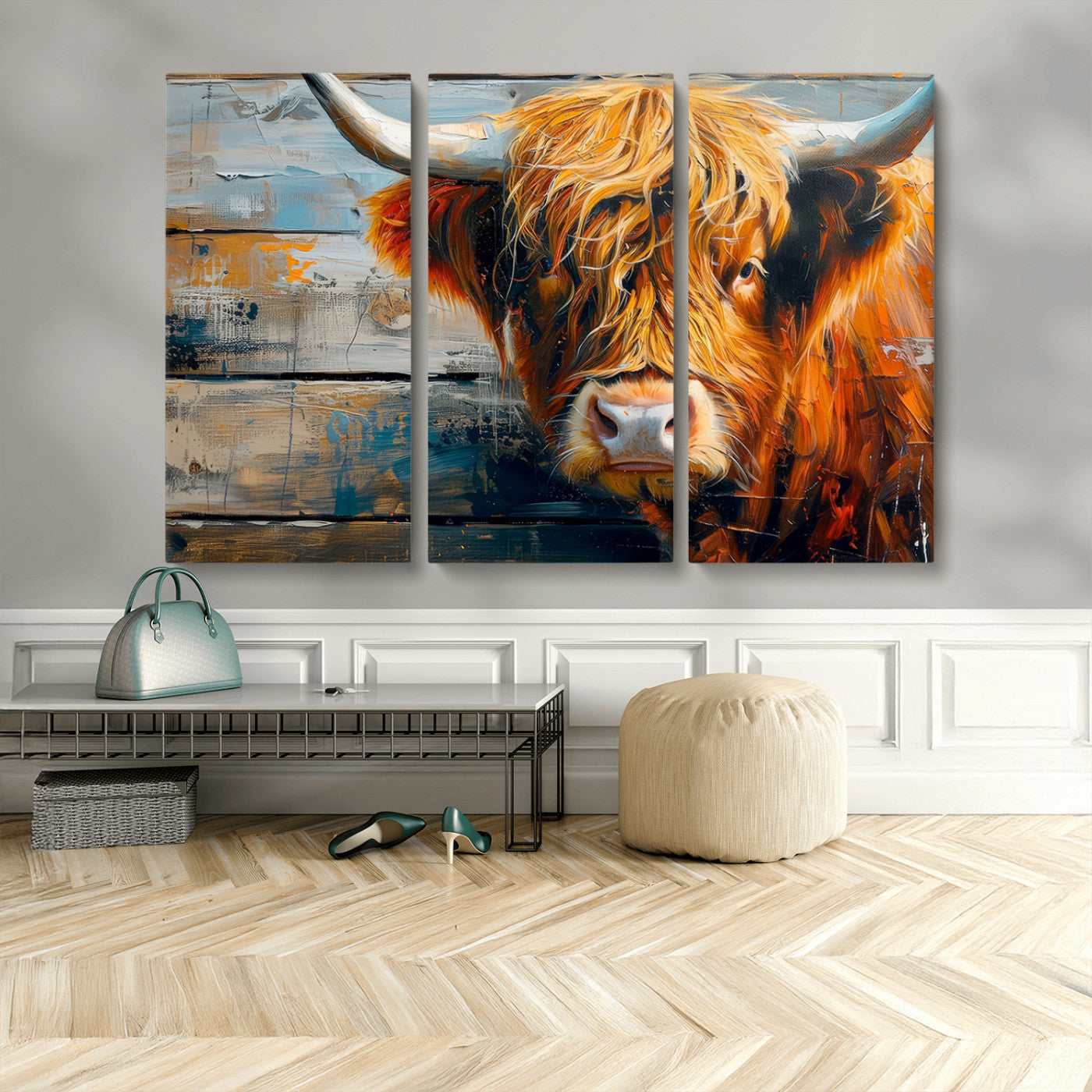 92312-MGV-CV-48X32-3P-Highland Cow Abstract Canvas Wall Art – Bold Farmhouse Rustic Decor – Ready to Hang