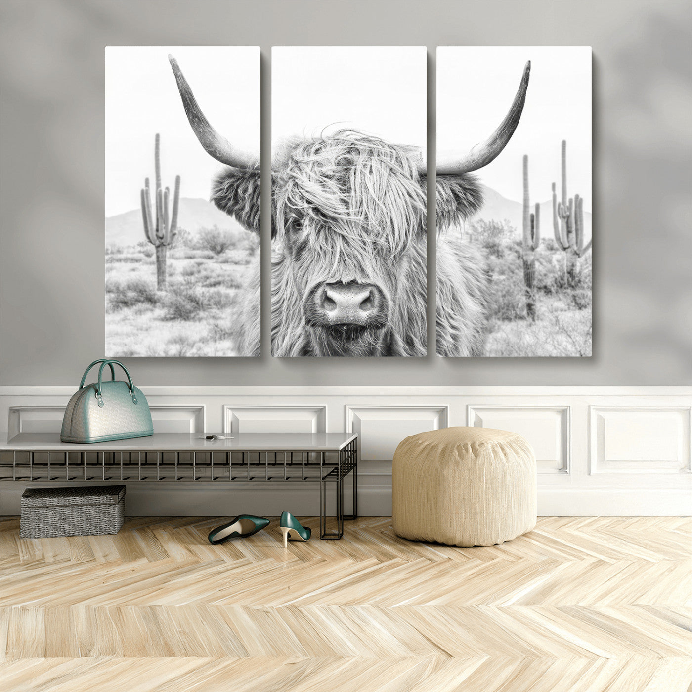 -Rustic Charm | Cow Longhorn Black White Bighorn Wall Art Canvas Print | Farmhouse Wall Art