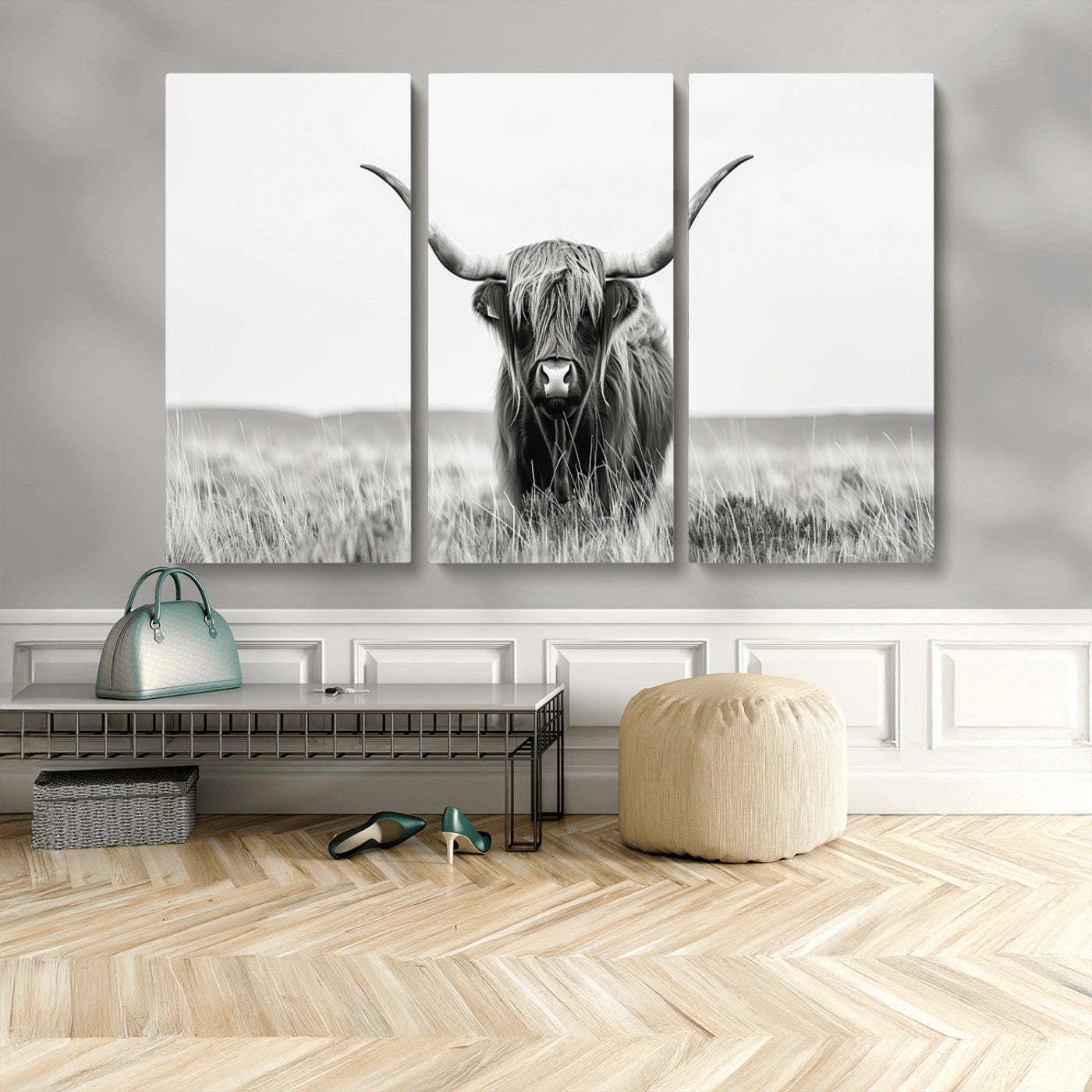 MGV-CV-48X32-3P - Highland Cow Canvas Wall Art – Majestic Beauty in Black and White